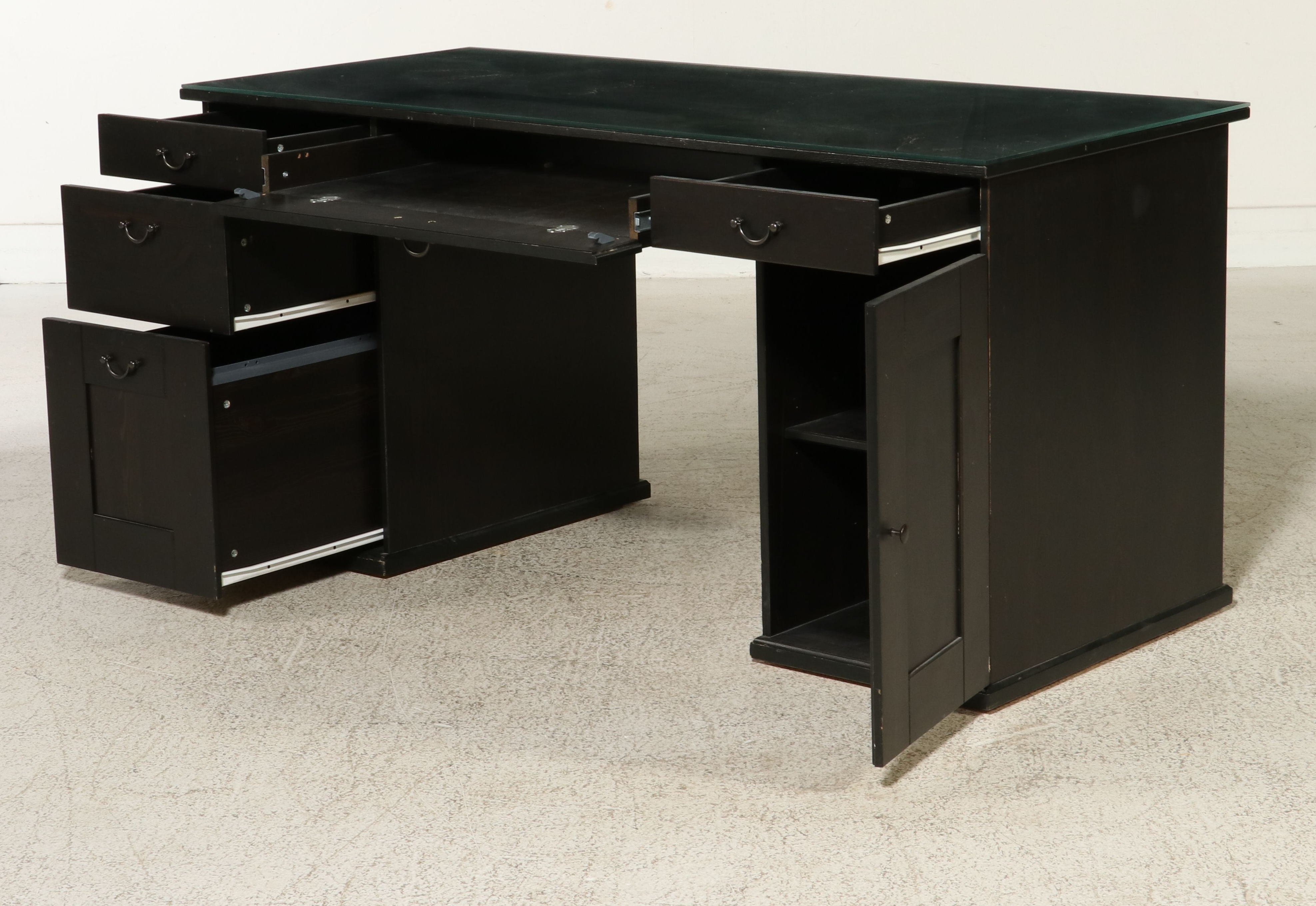 Contemporary Ebonized Wood Kneehole Desk with Glass Top