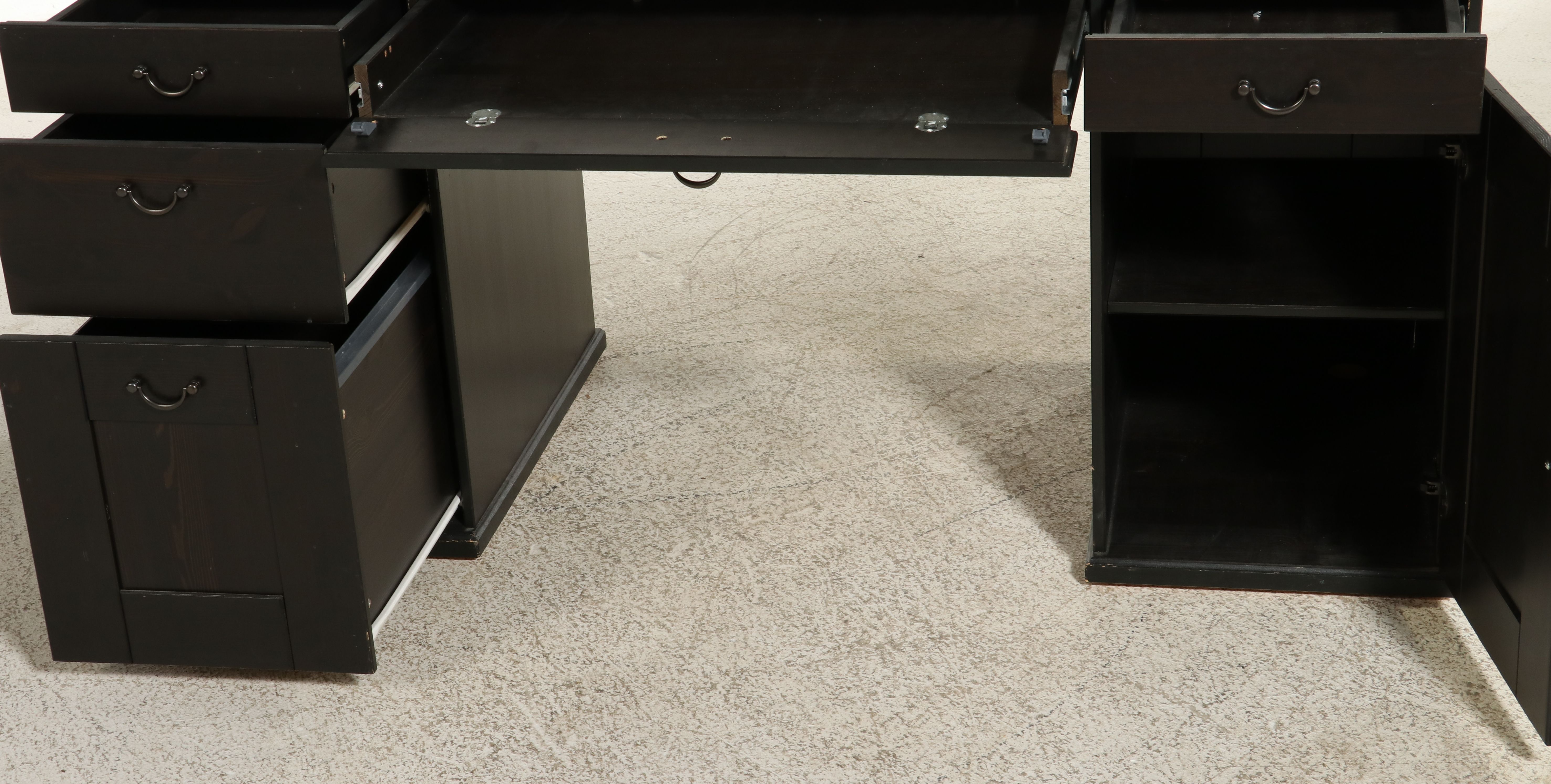 Contemporary Ebonized Wood Kneehole Desk with Glass Top