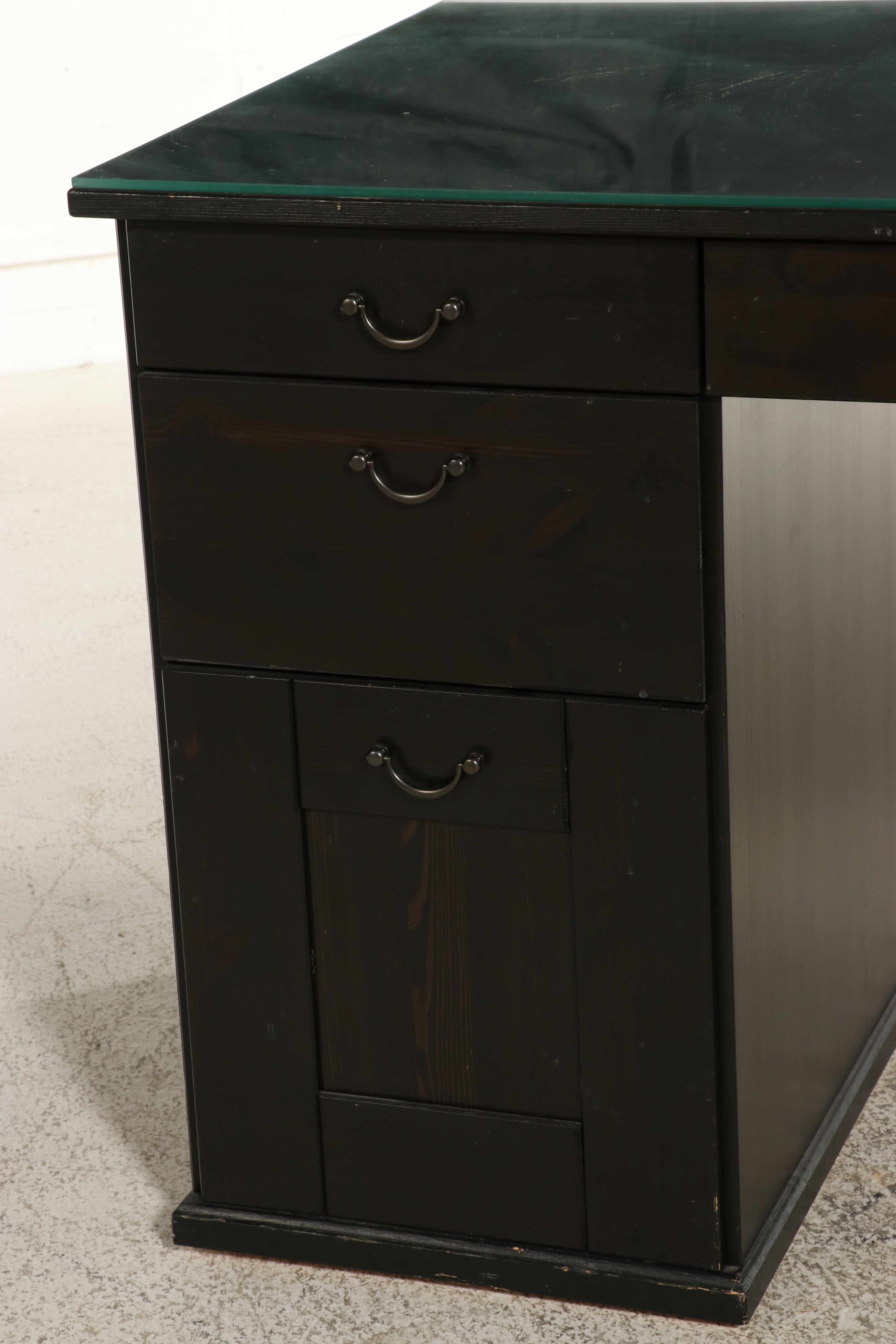 Contemporary Ebonized Wood Kneehole Desk with Glass Top