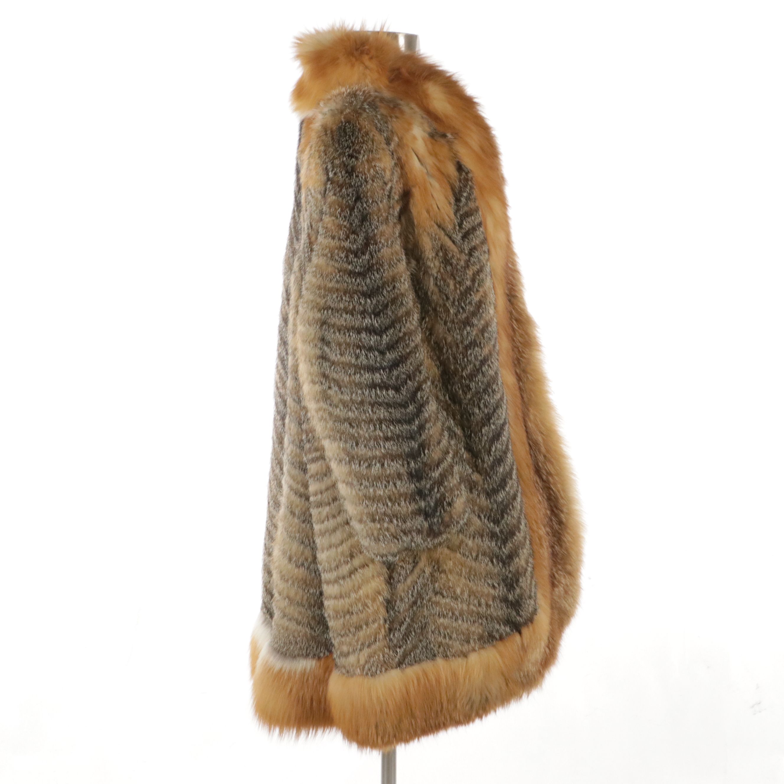 Stanley Rich Fine Furs Vintage Grey Fox Fur Coat with Red Fox Trim
