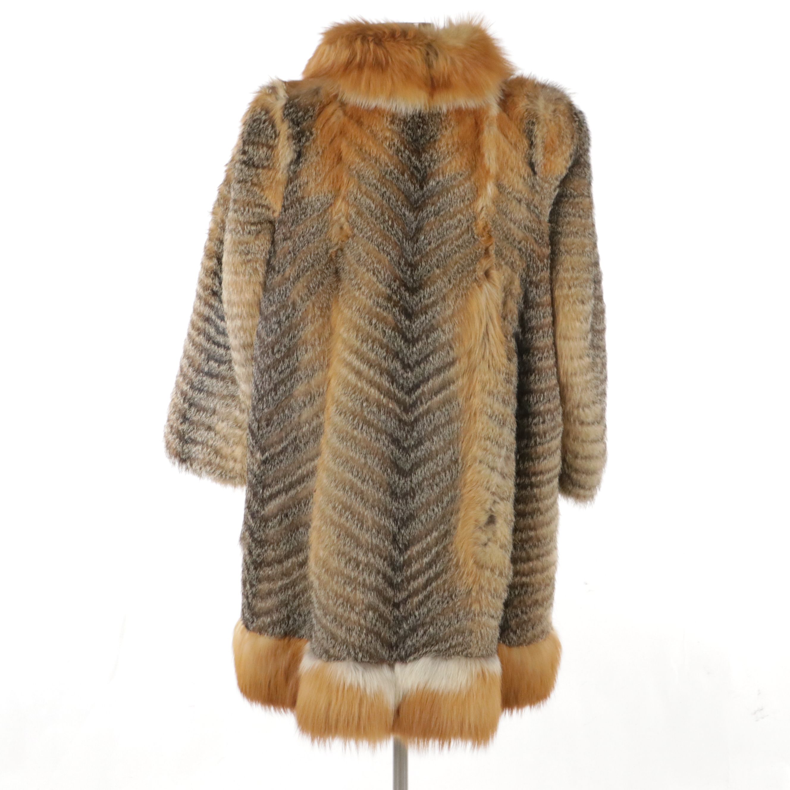 Stanley Rich Fine Furs Vintage Grey Fox Fur Coat with Red Fox Trim