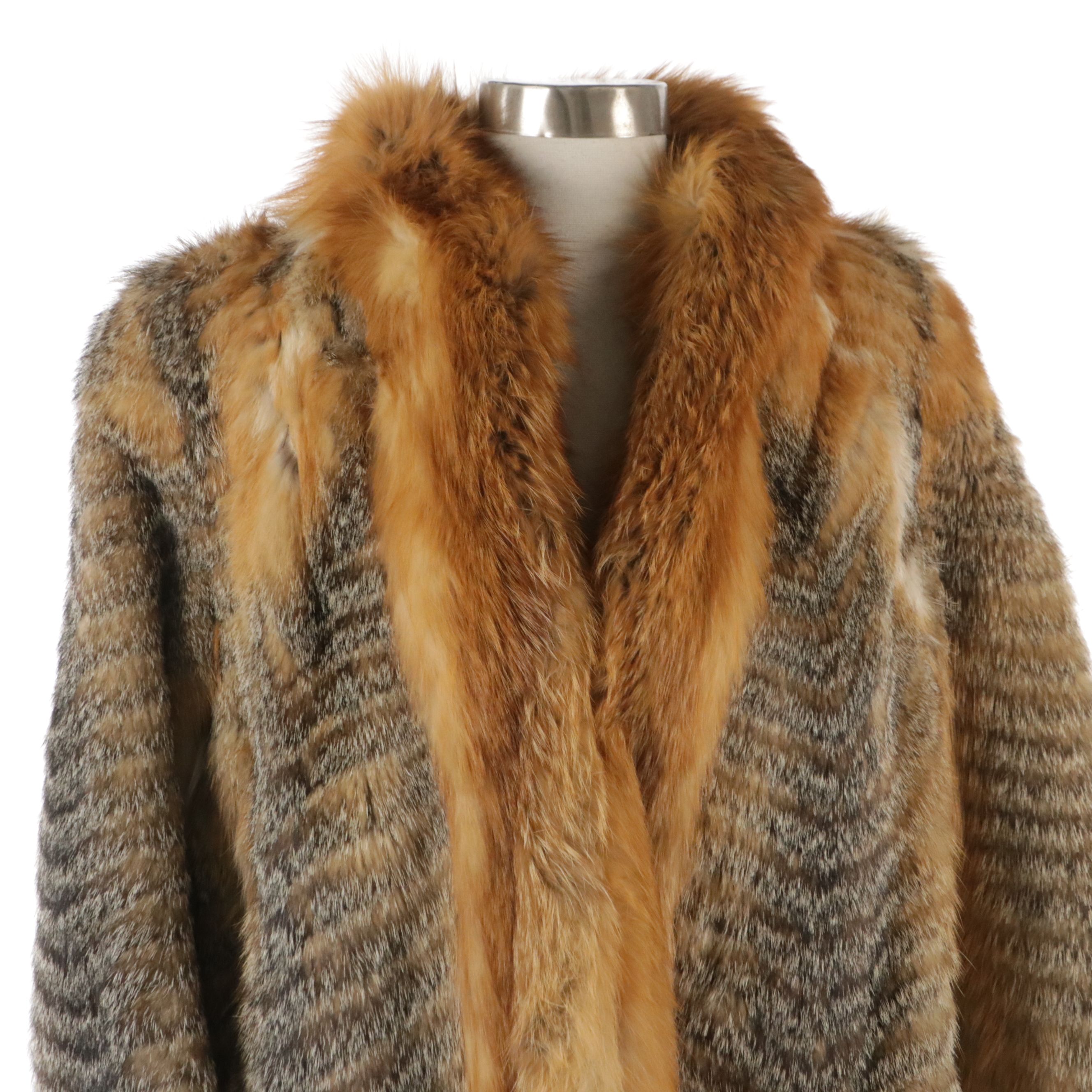 Stanley Rich Fine Furs Vintage Grey Fox Fur Coat with Red Fox Trim