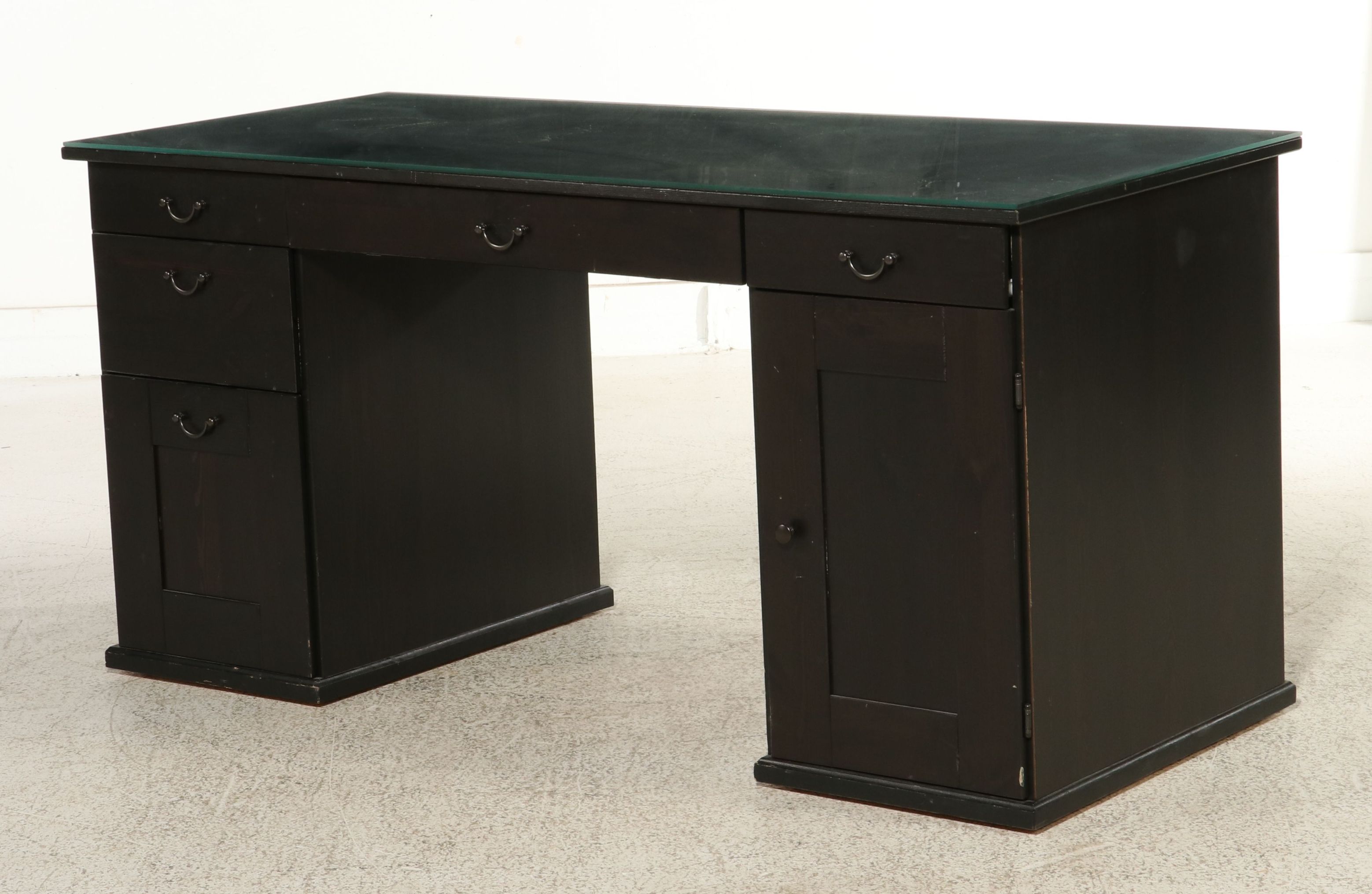 Contemporary Ebonized Wood Kneehole Desk with Glass Top