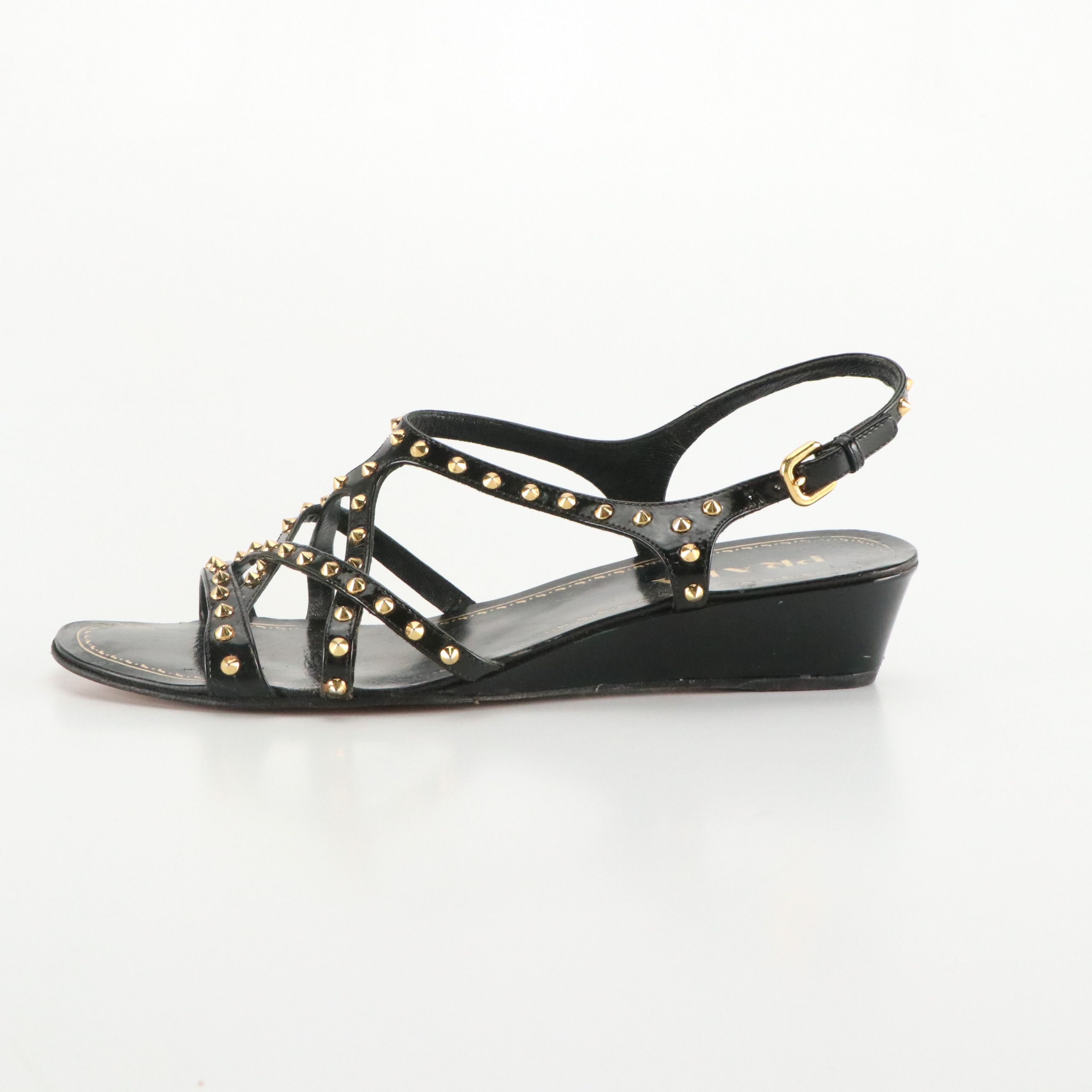 Prada Pyramid Studded Black Patent Leather Wedge Sandals
