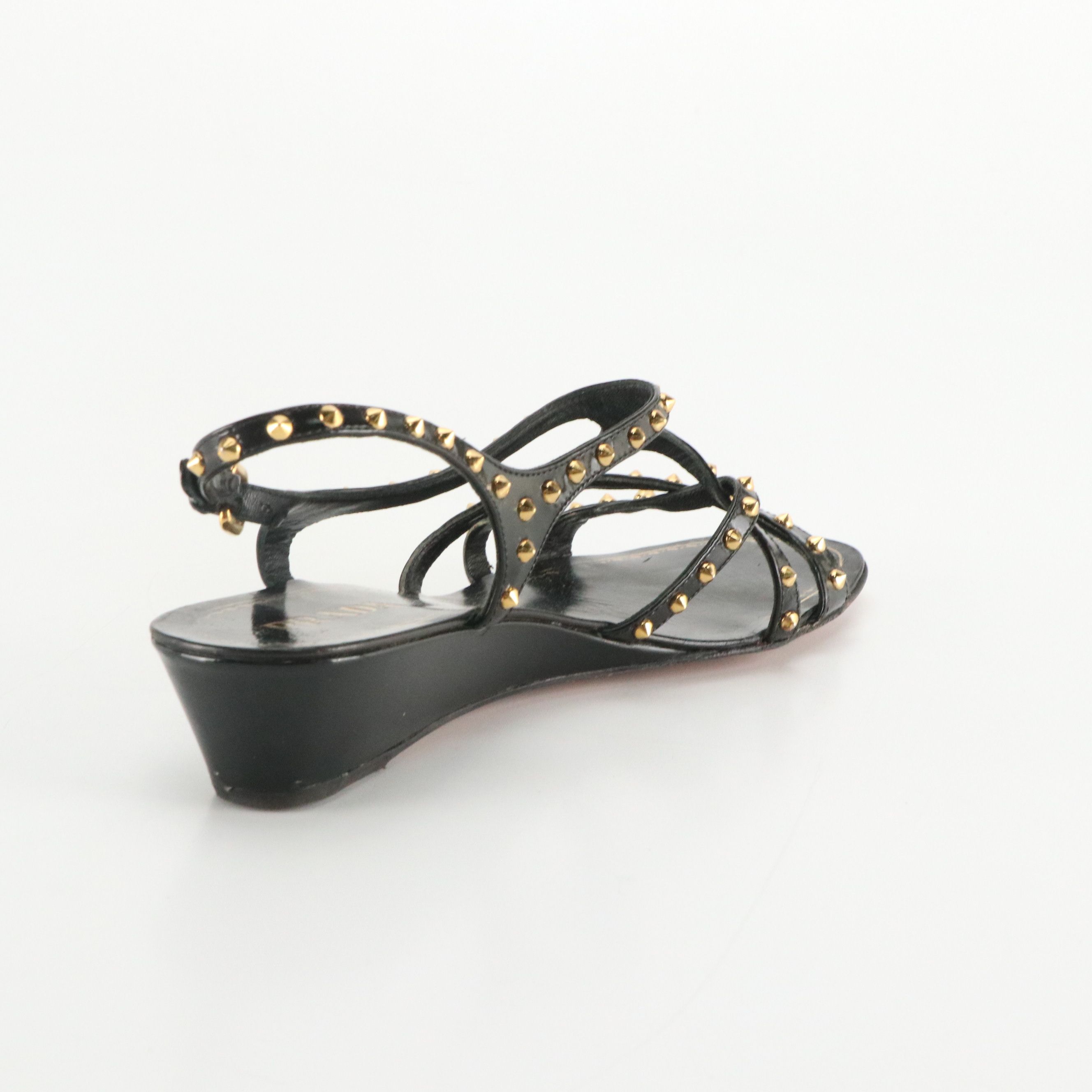 Prada Pyramid Studded Black Patent Leather Wedge Sandals
