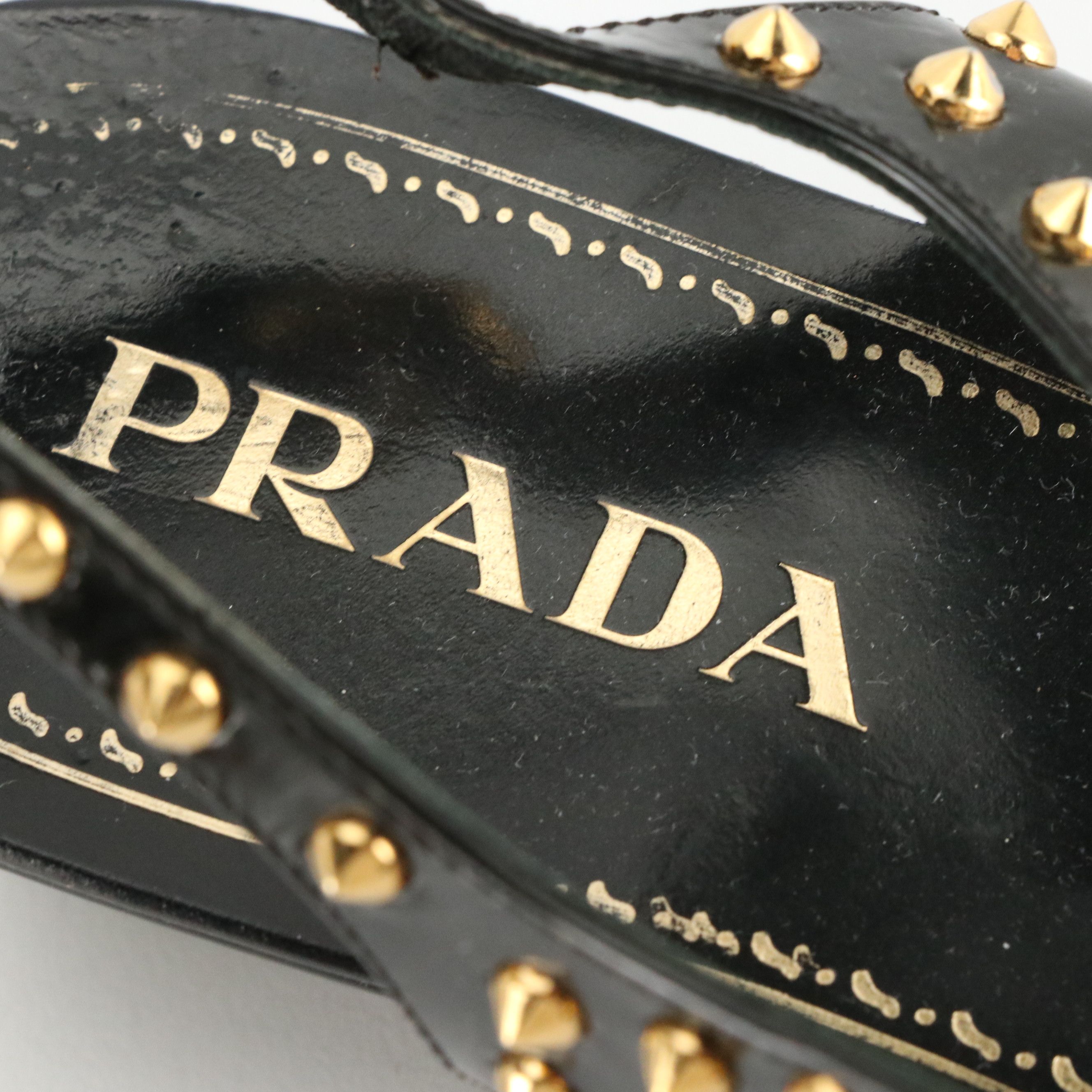Prada Pyramid Studded Black Patent Leather Wedge Sandals