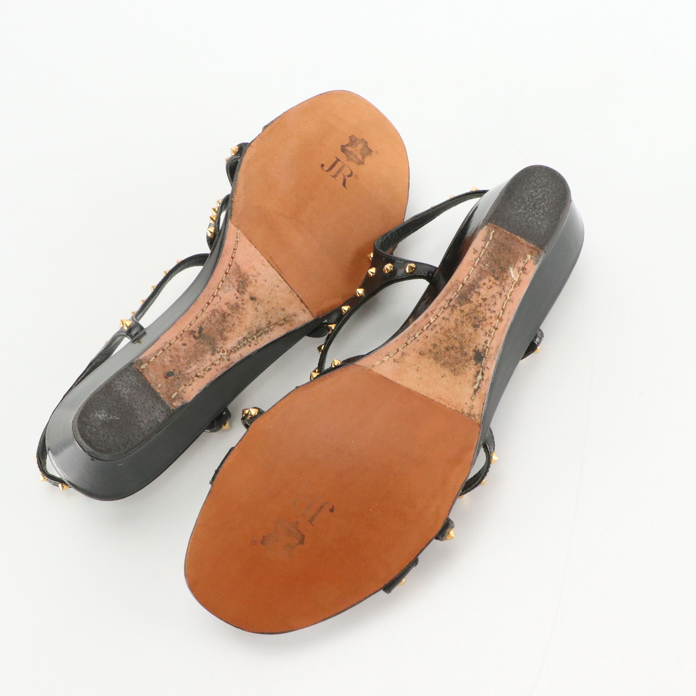 Prada Pyramid Studded Black Patent Leather Wedge Sandals