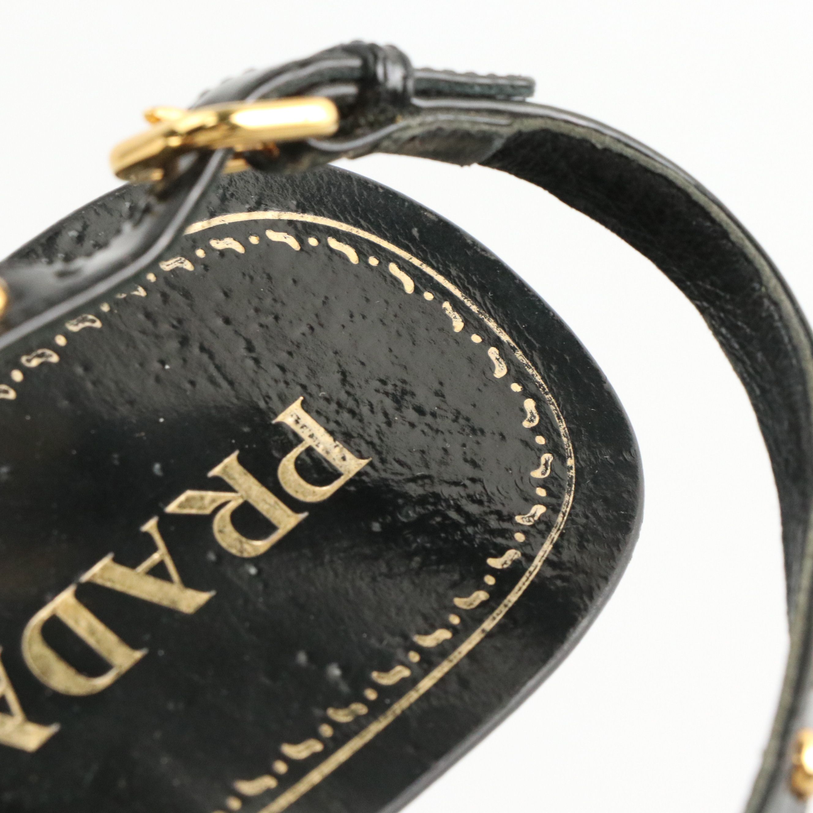 Prada Pyramid Studded Black Patent Leather Wedge Sandals