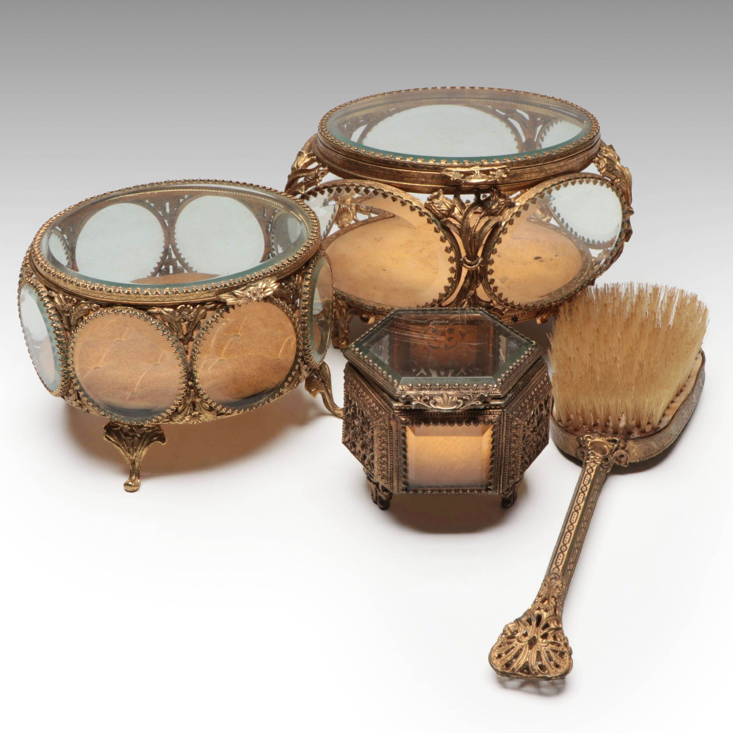 Hollywood Regency French Style Gilt Metal Filigree Dresser Boxes and Hairbrush