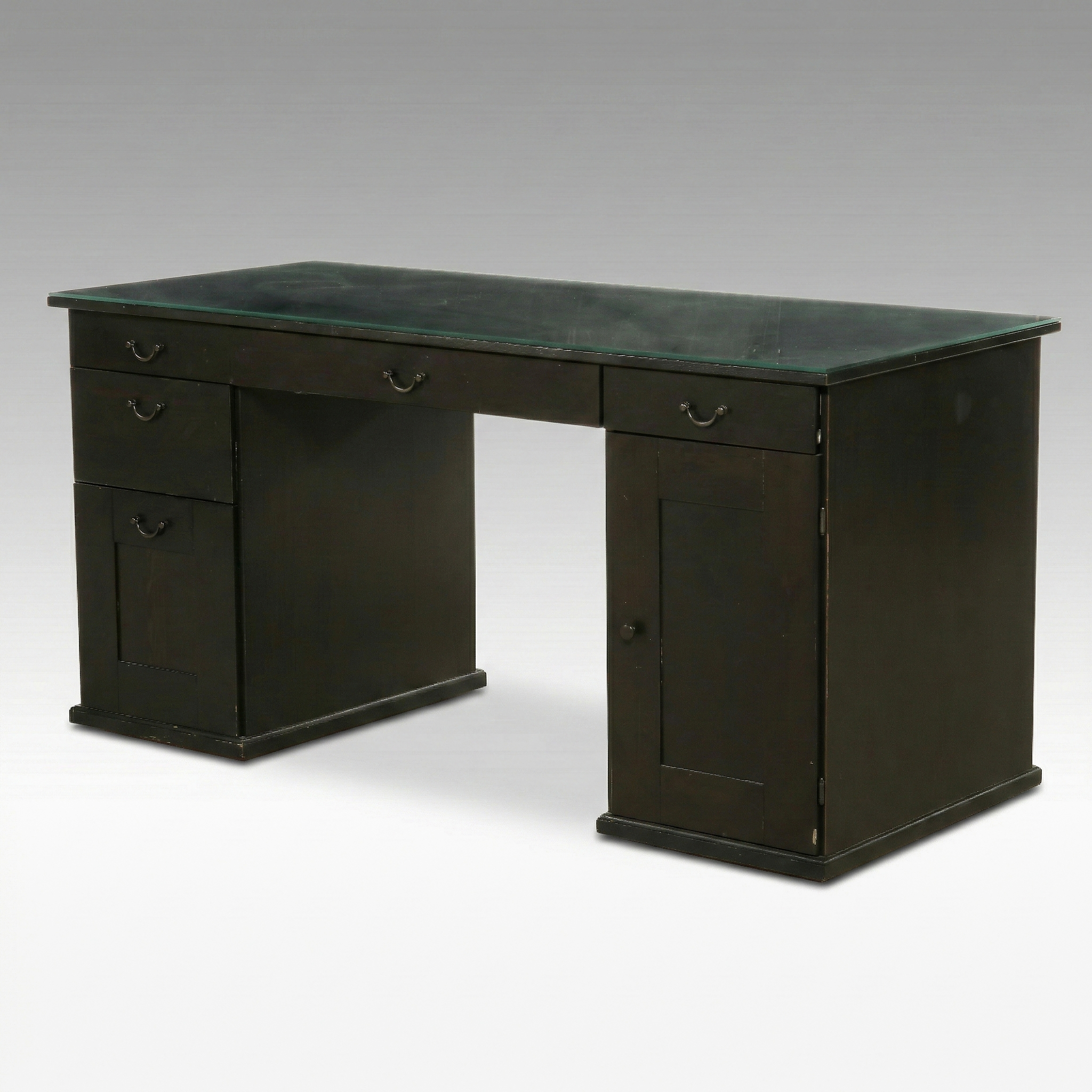 Contemporary Ebonized Wood Kneehole Desk with Glass Top