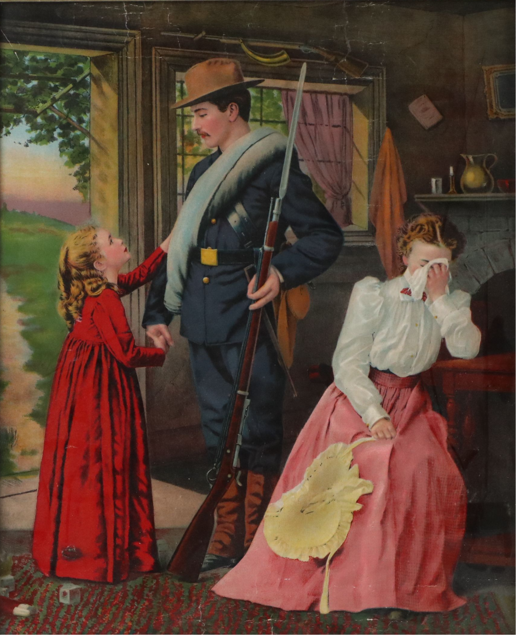 Hand-Colored Rotogravure of Soldier Leaving His Family, Early 20th Century