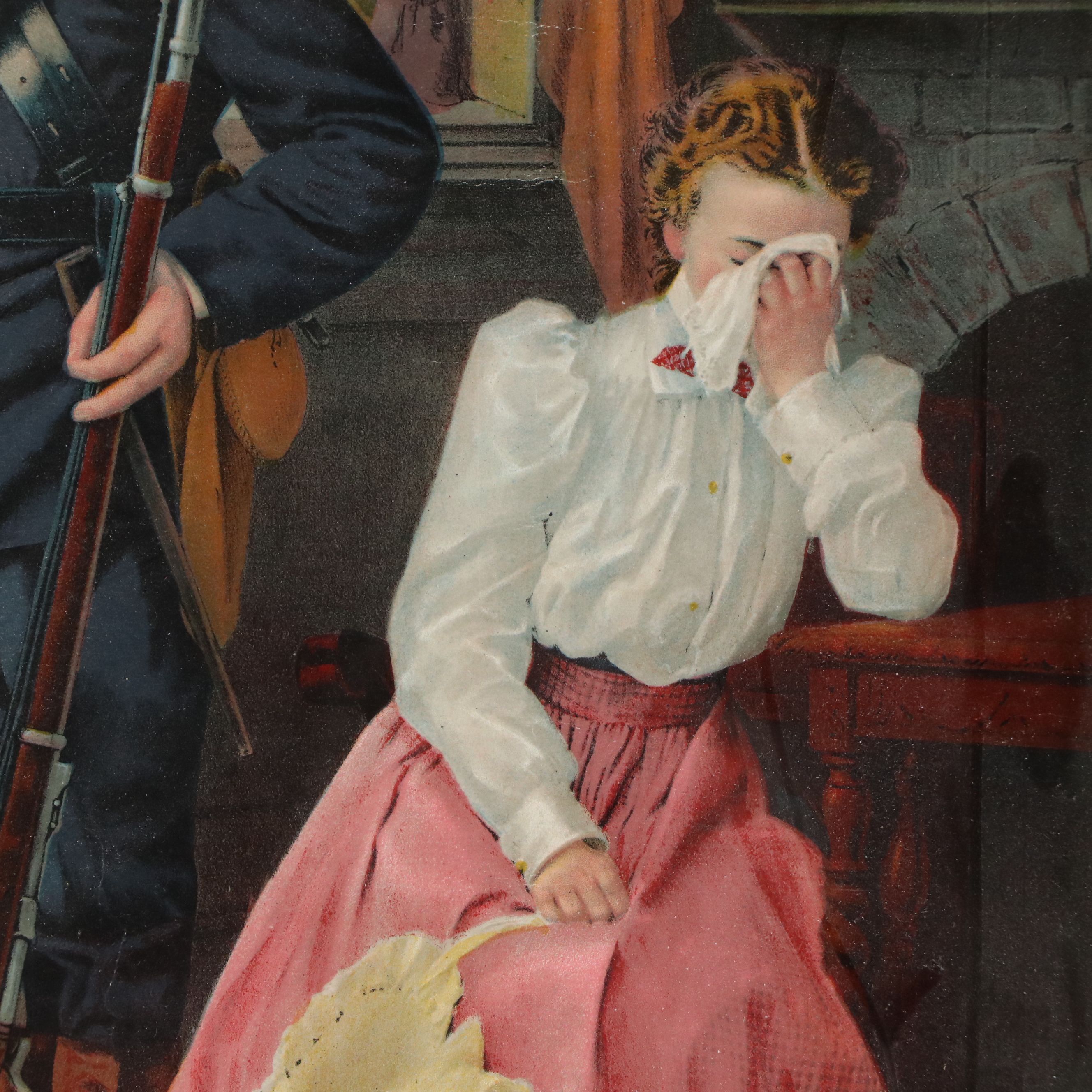 Hand-Colored Rotogravure of Soldier Leaving His Family, Early 20th Century