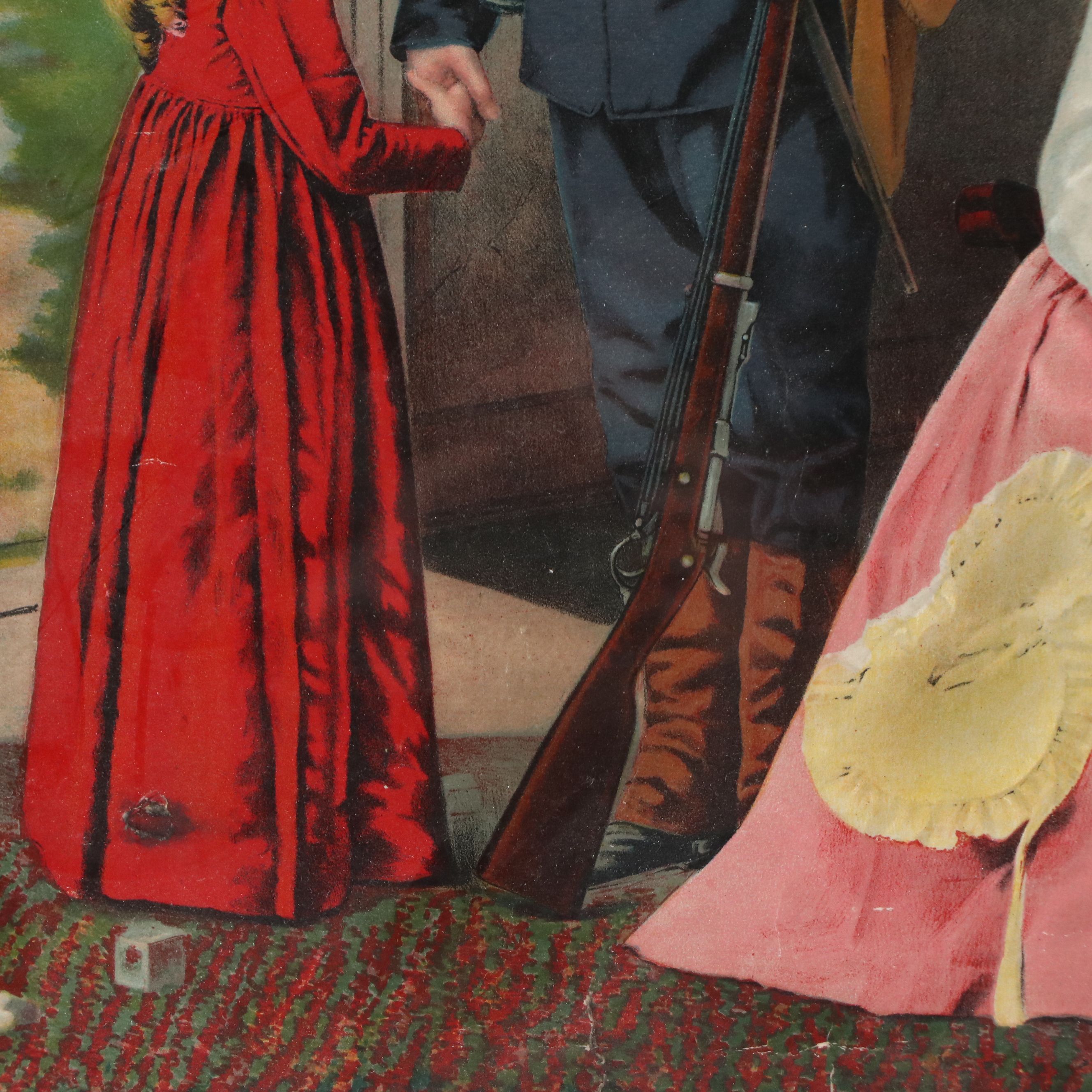 Hand-Colored Rotogravure of Soldier Leaving His Family, Early 20th Century