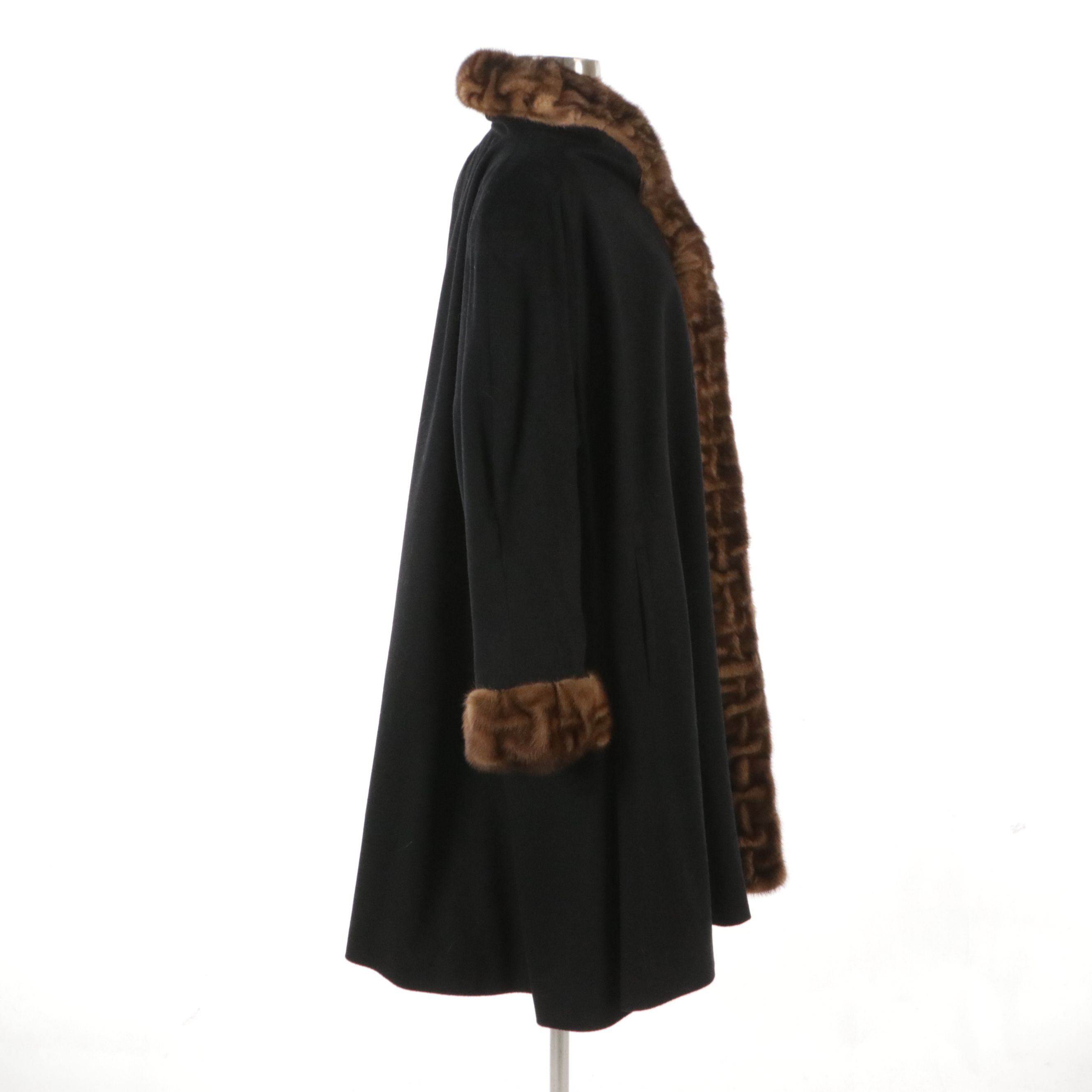 Black Wool/Cashmere Coat with Mink Fur Trimming