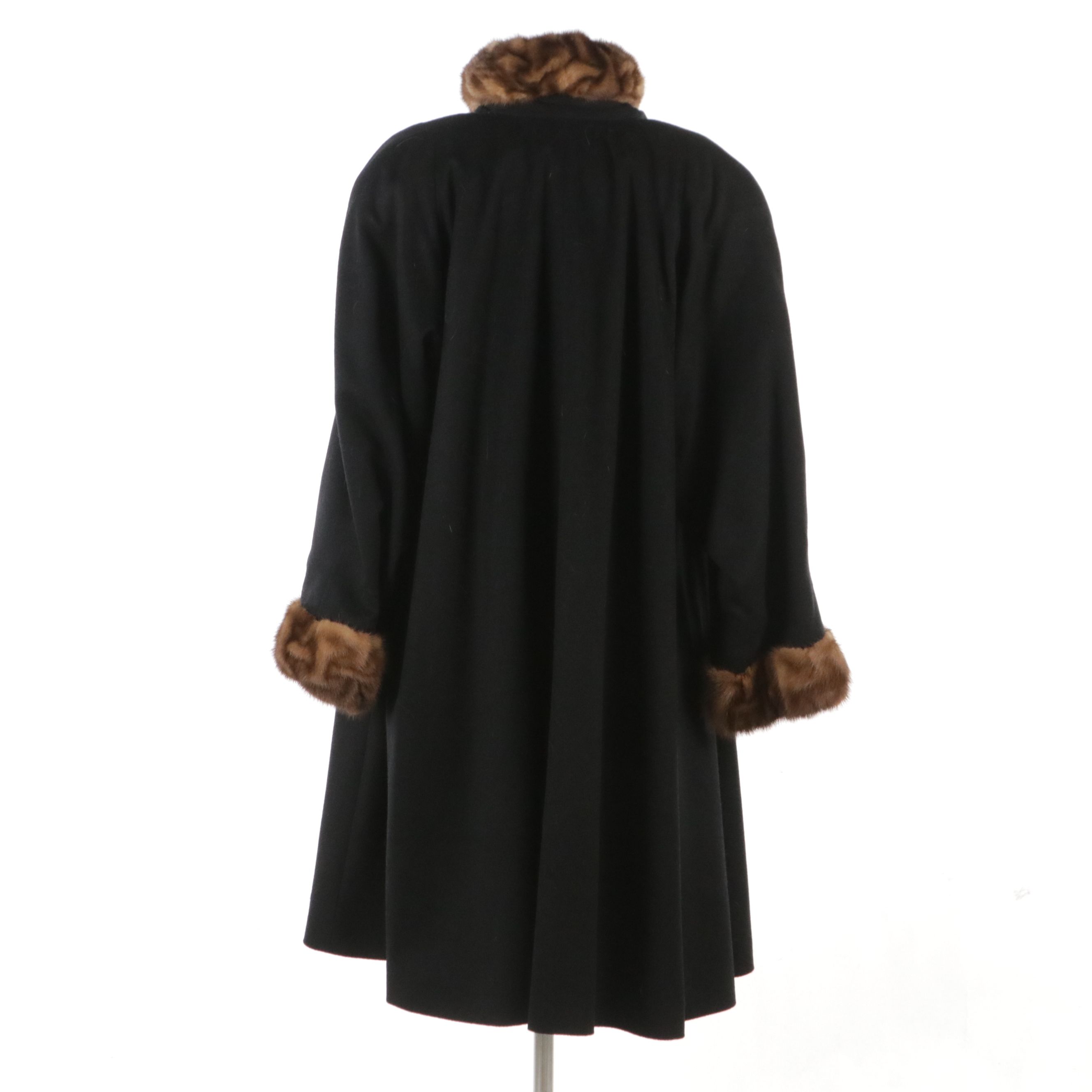 Black Wool/Cashmere Coat with Mink Fur Trimming