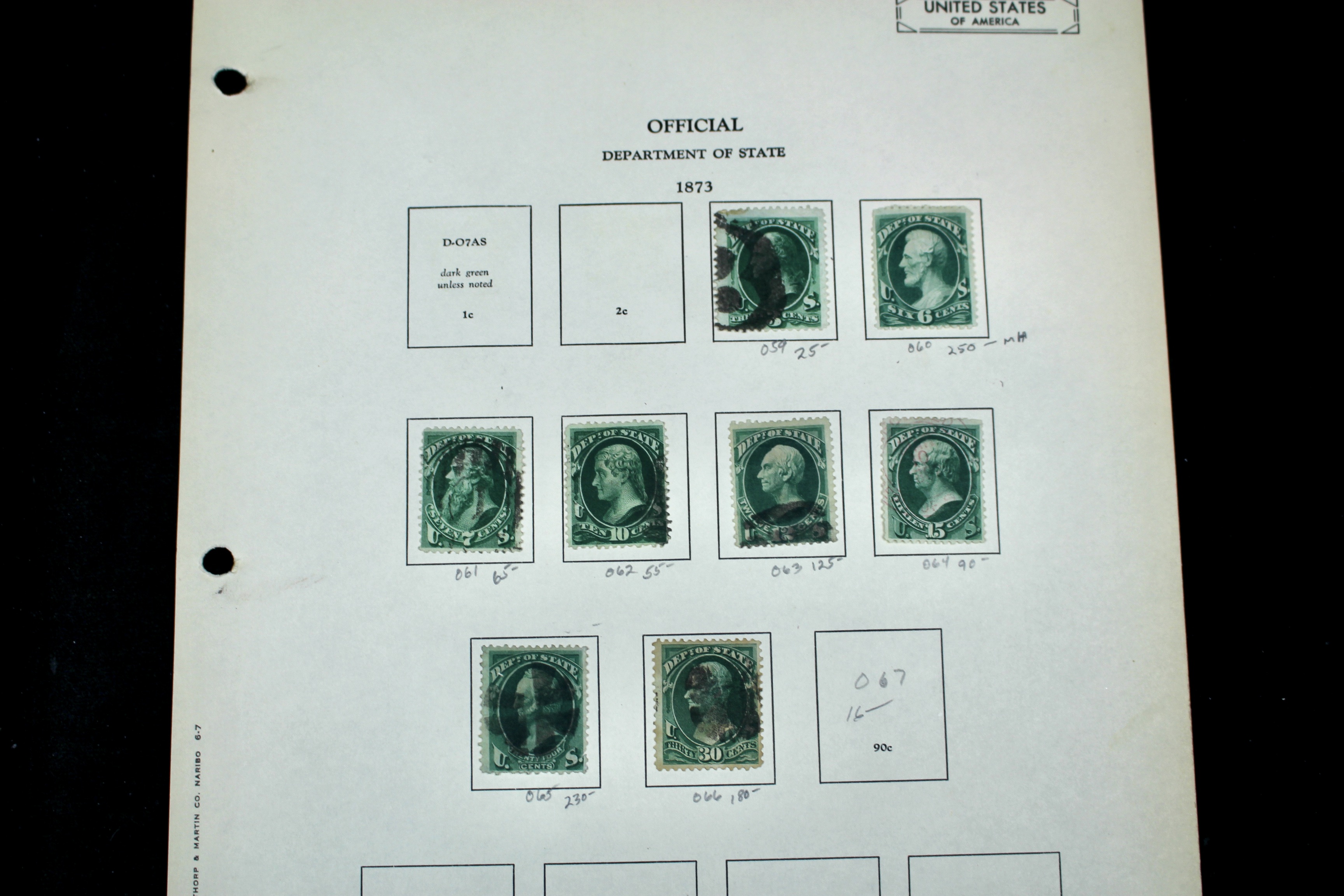 Eight U.S. Department of State Postage Stamps, 1873