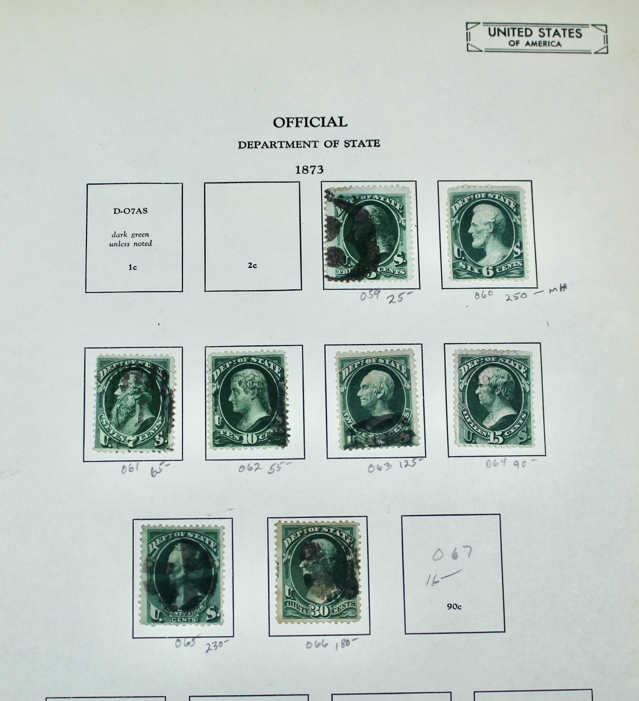 Eight U.S. Department of State Postage Stamps, 1873