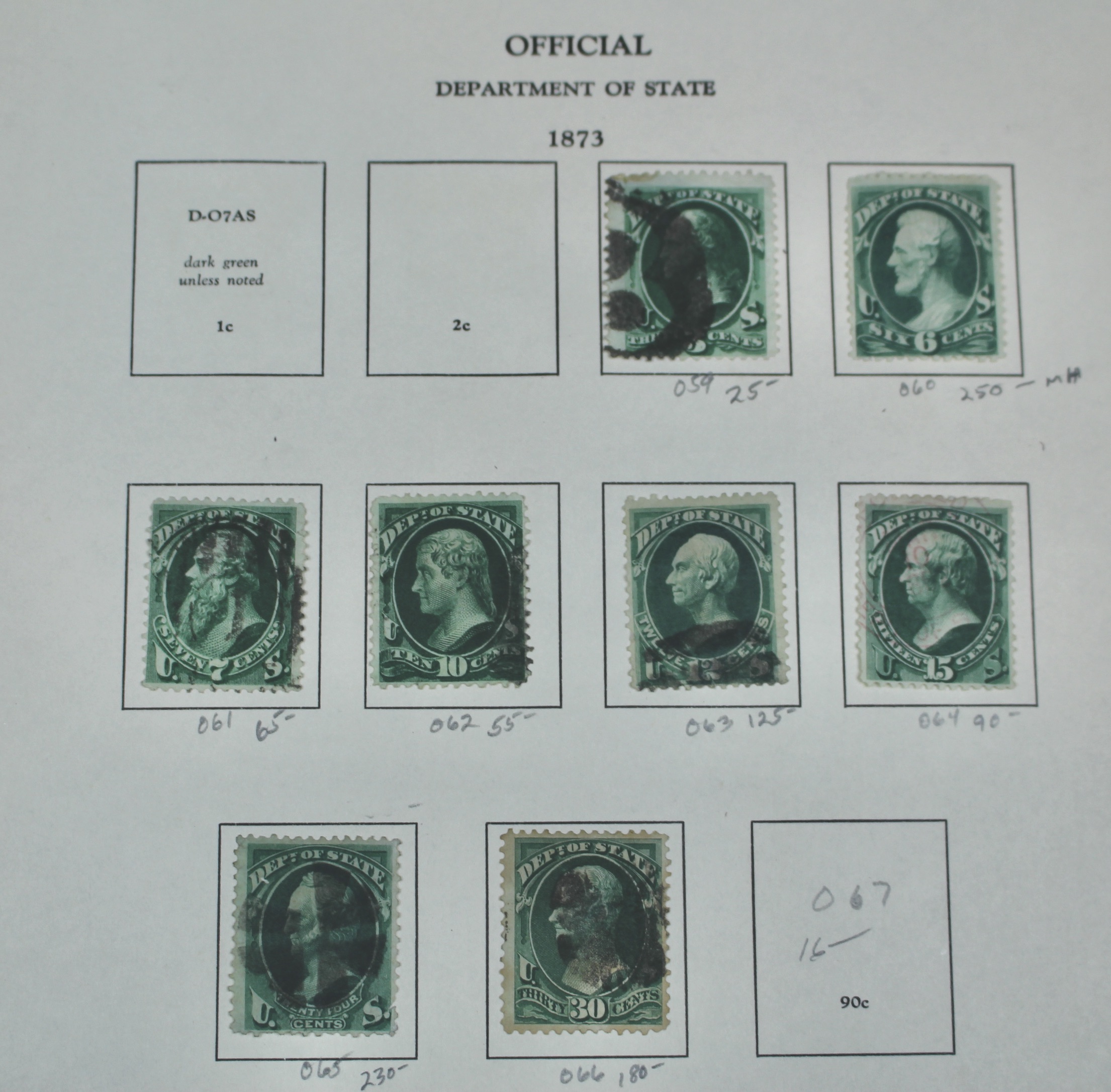 Eight U.S. Department of State Postage Stamps, 1873