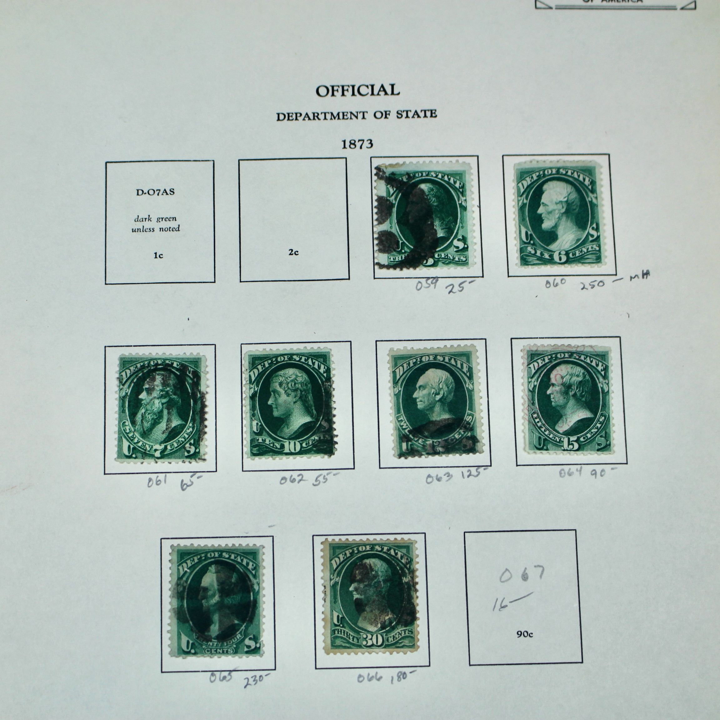 Eight U.S. Department of State Postage Stamps, 1873