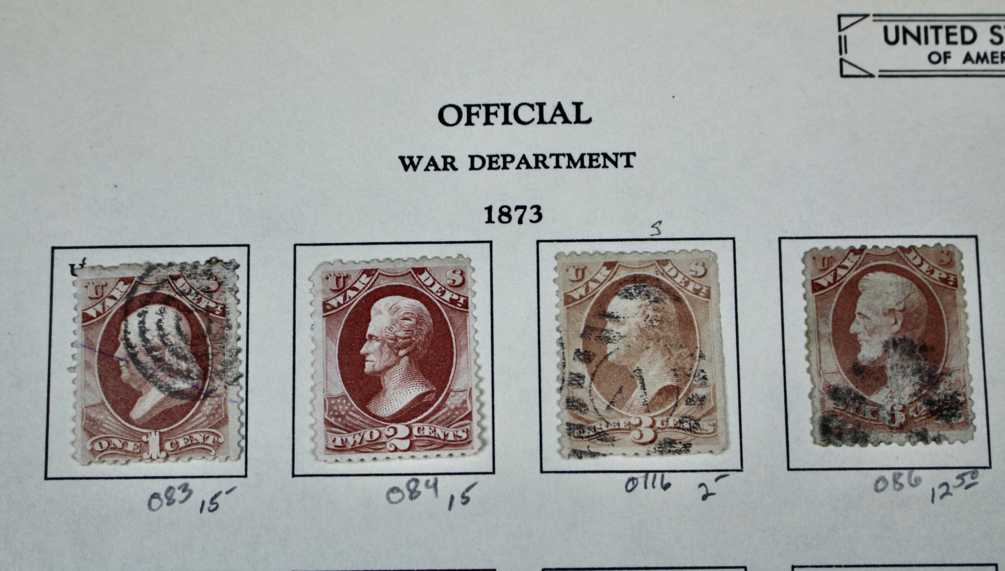 Eighteen U.S. Official War Department Postage Stamps,  1870s