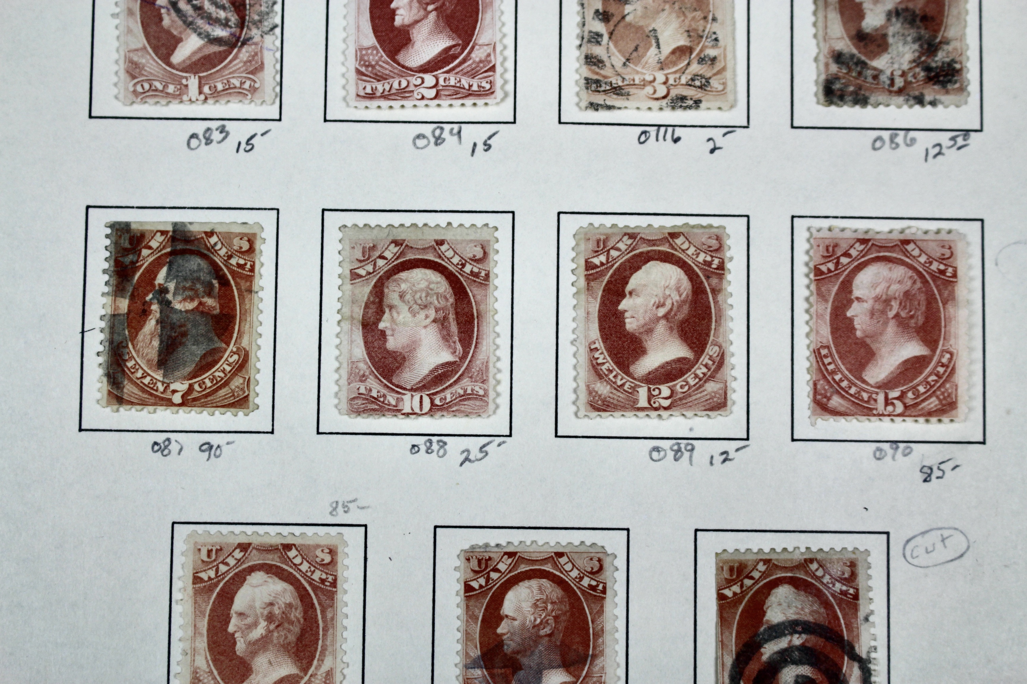 Eighteen U.S. Official War Department Postage Stamps,  1870s