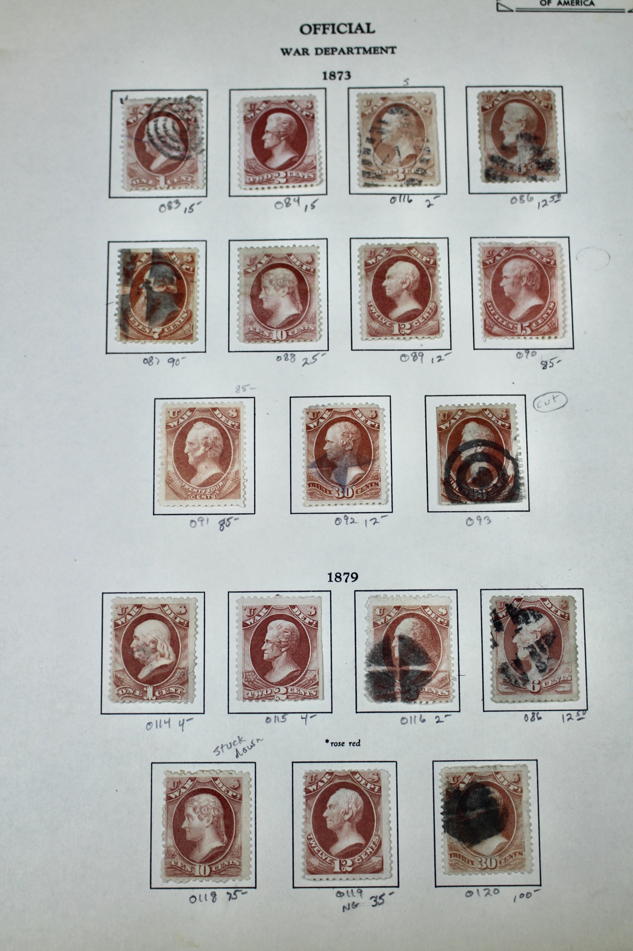 Eighteen U.S. Official War Department Postage Stamps,  1870s