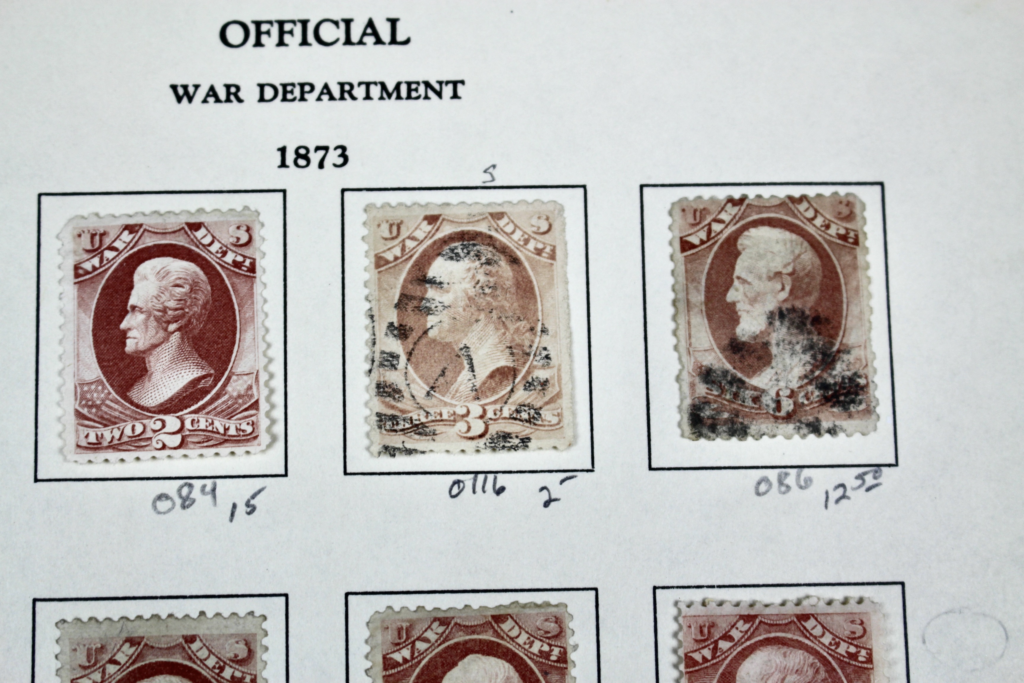 Eighteen U.S. Official War Department Postage Stamps,  1870s