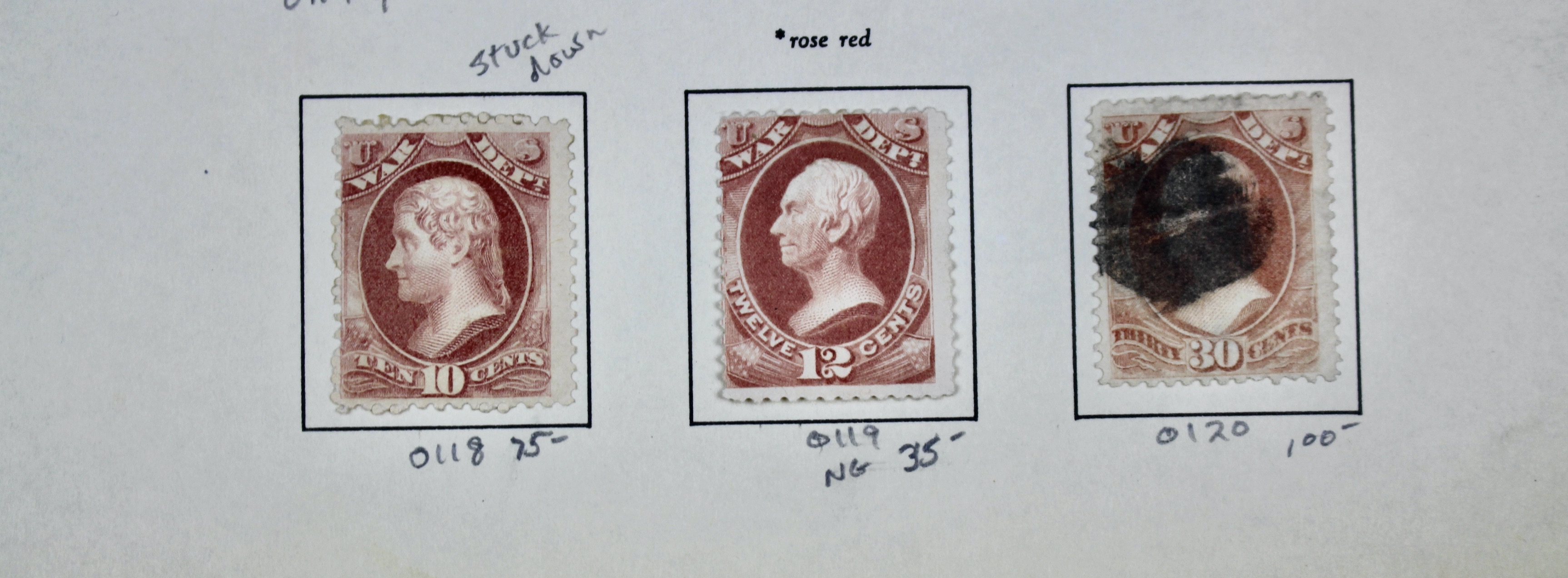 Eighteen U.S. Official War Department Postage Stamps,  1870s