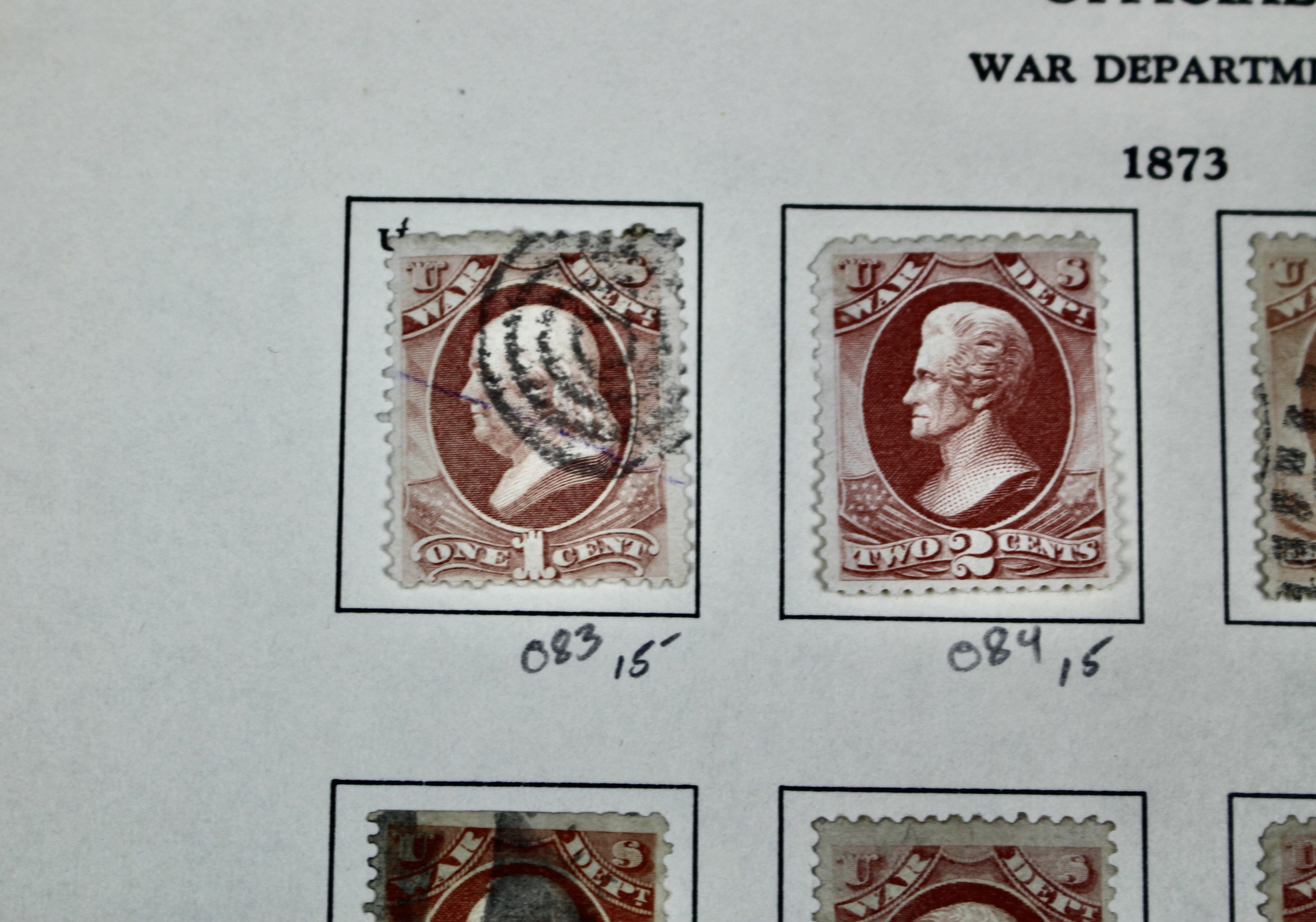 Eighteen U.S. Official War Department Postage Stamps,  1870s