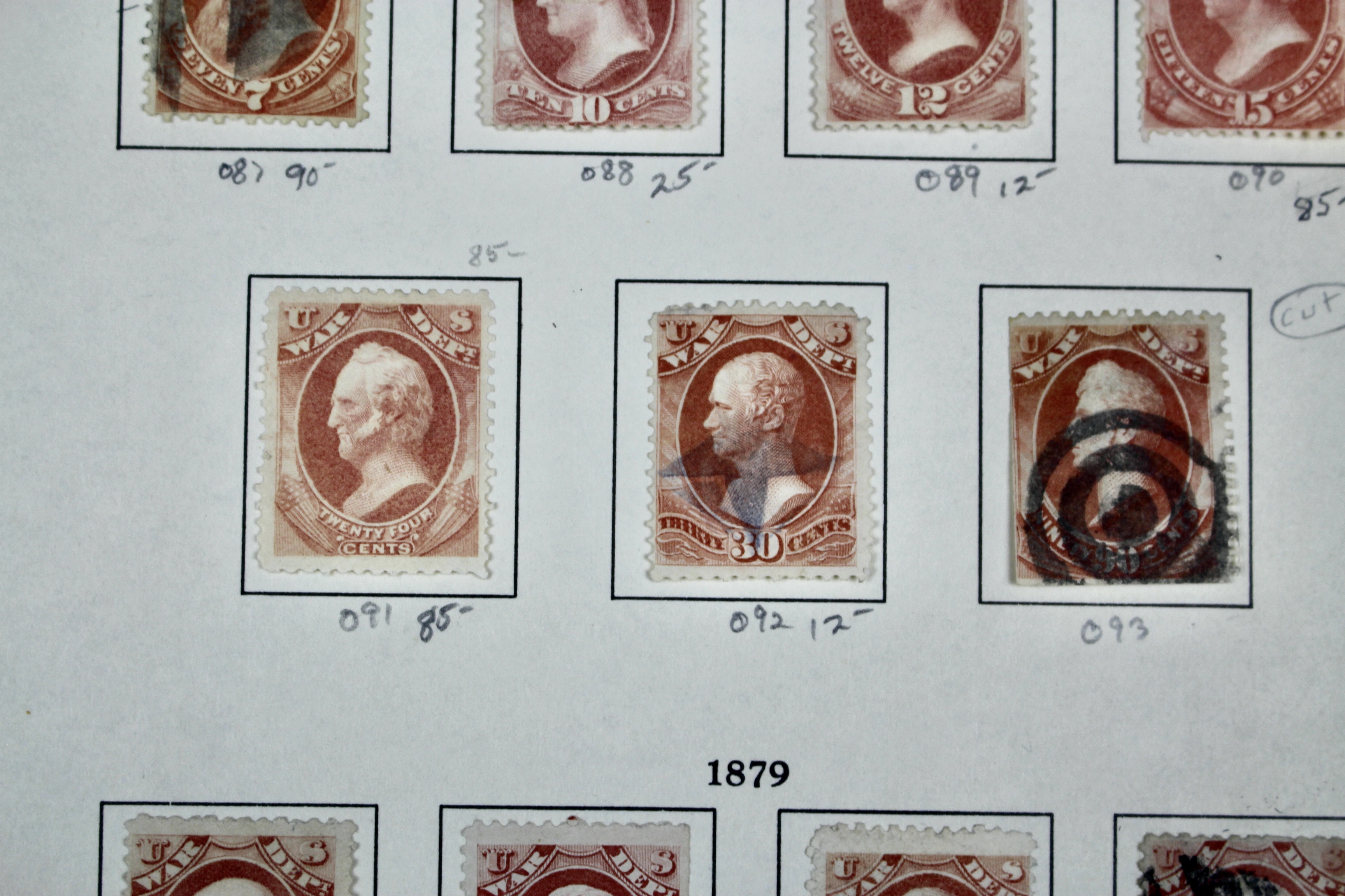 Eighteen U.S. Official War Department Postage Stamps,  1870s