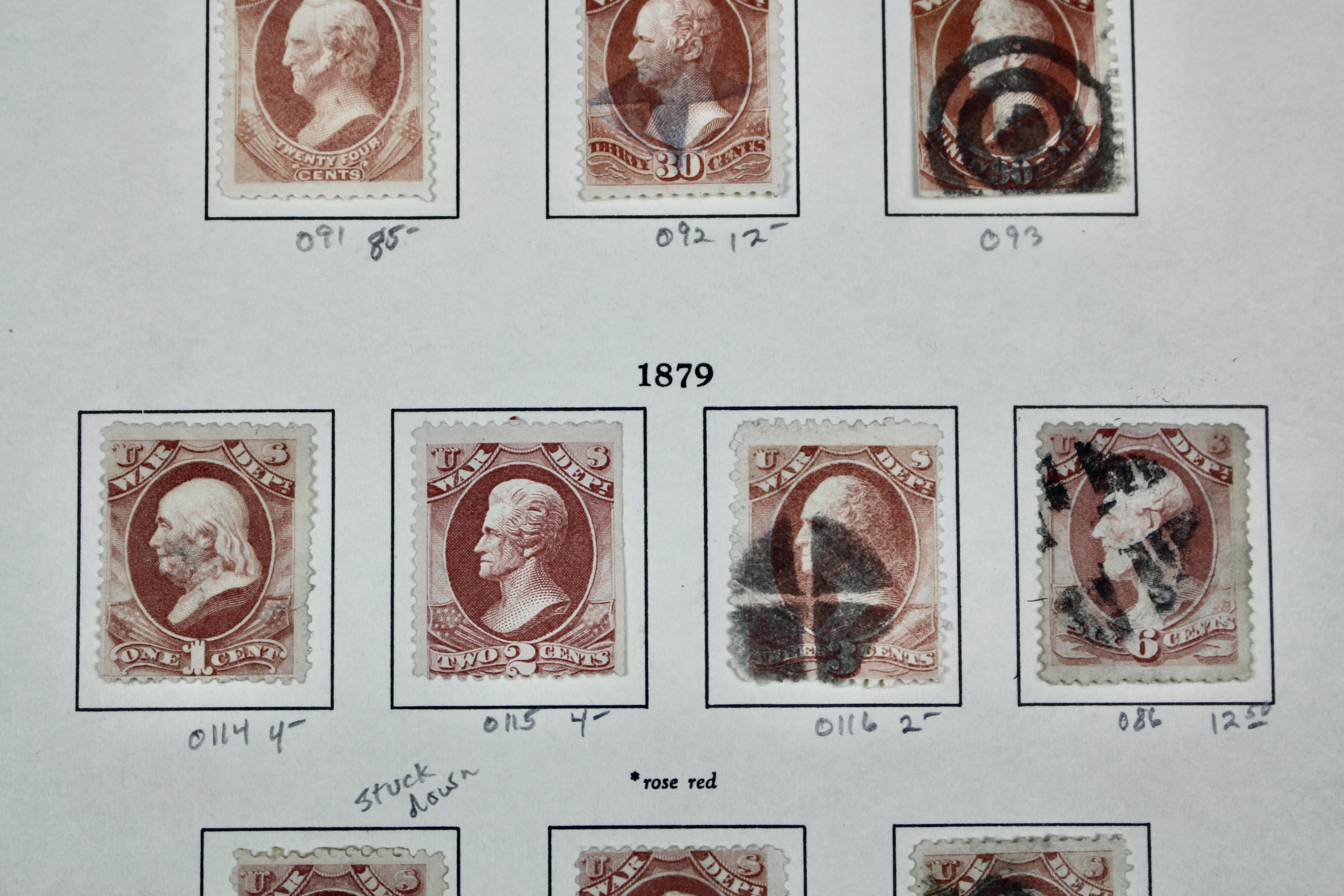 Eighteen U.S. Official War Department Postage Stamps,  1870s