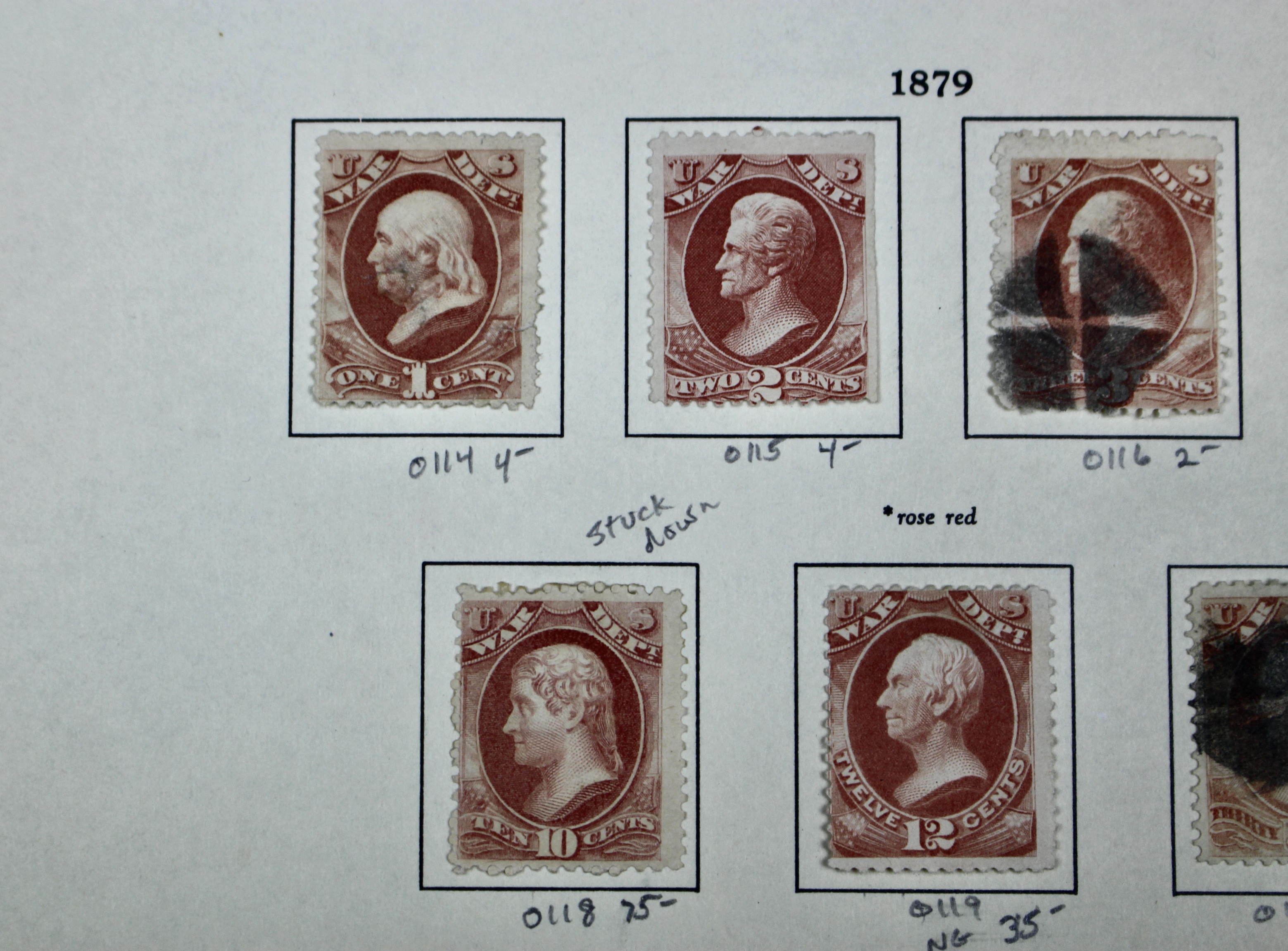 Eighteen U.S. Official War Department Postage Stamps,  1870s