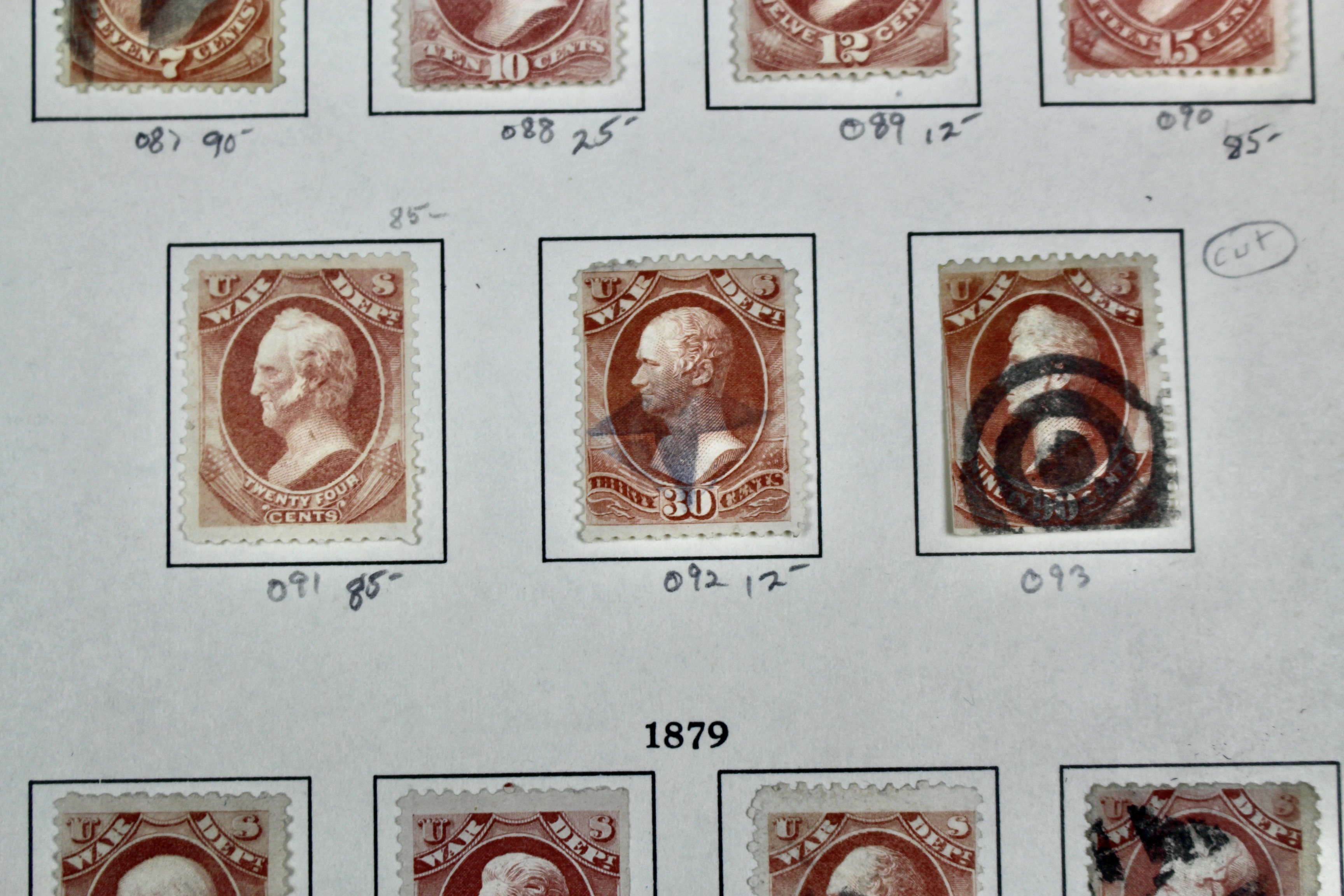 Eighteen U.S. Official War Department Postage Stamps,  1870s