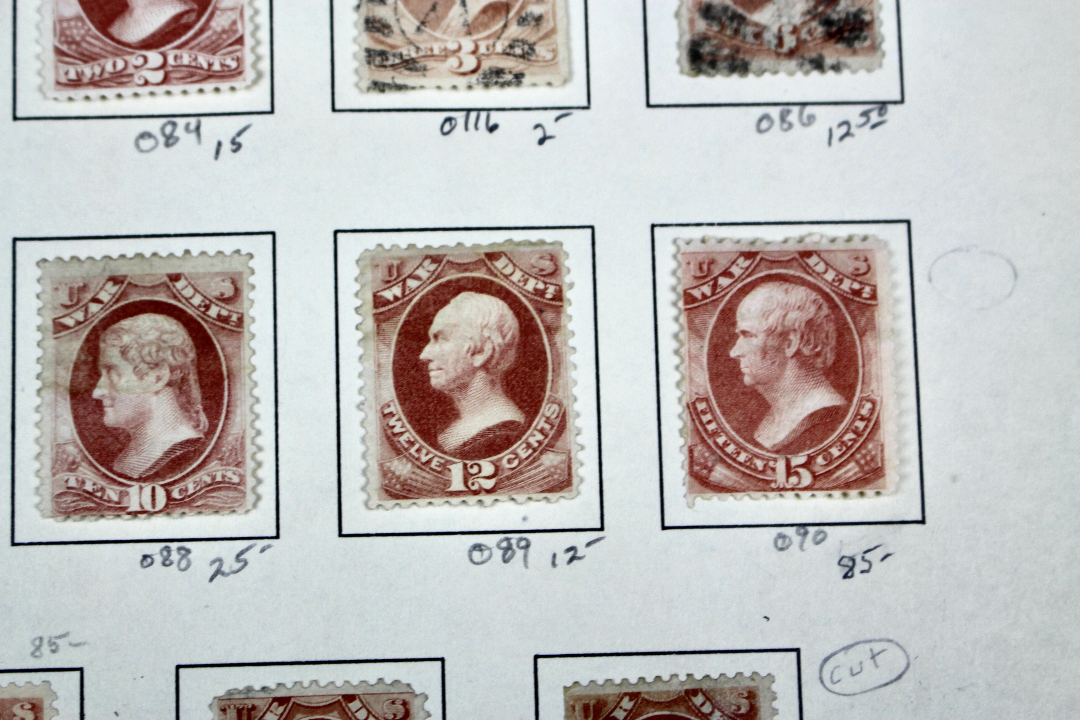Eighteen U.S. Official War Department Postage Stamps,  1870s