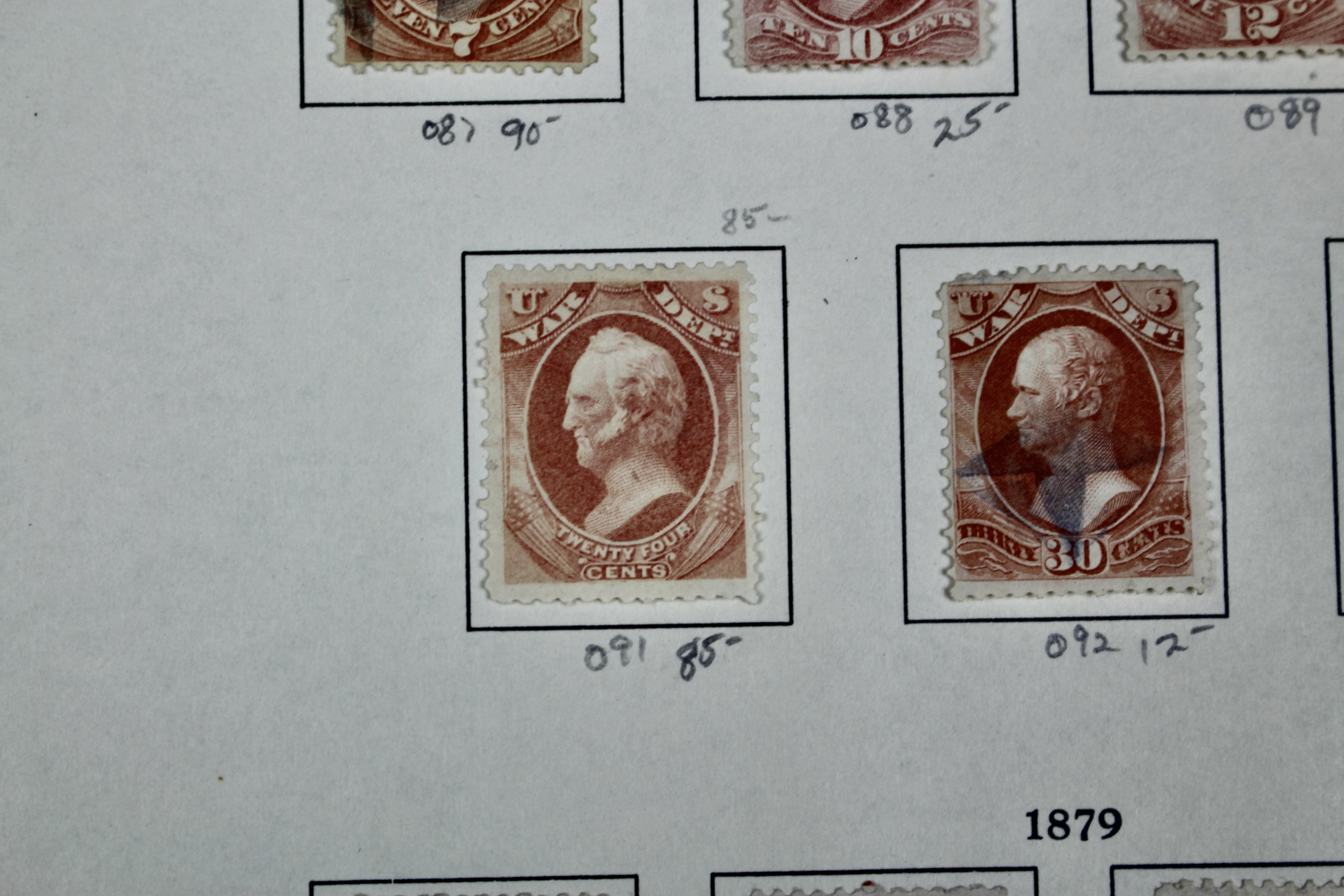 Eighteen U.S. Official War Department Postage Stamps,  1870s