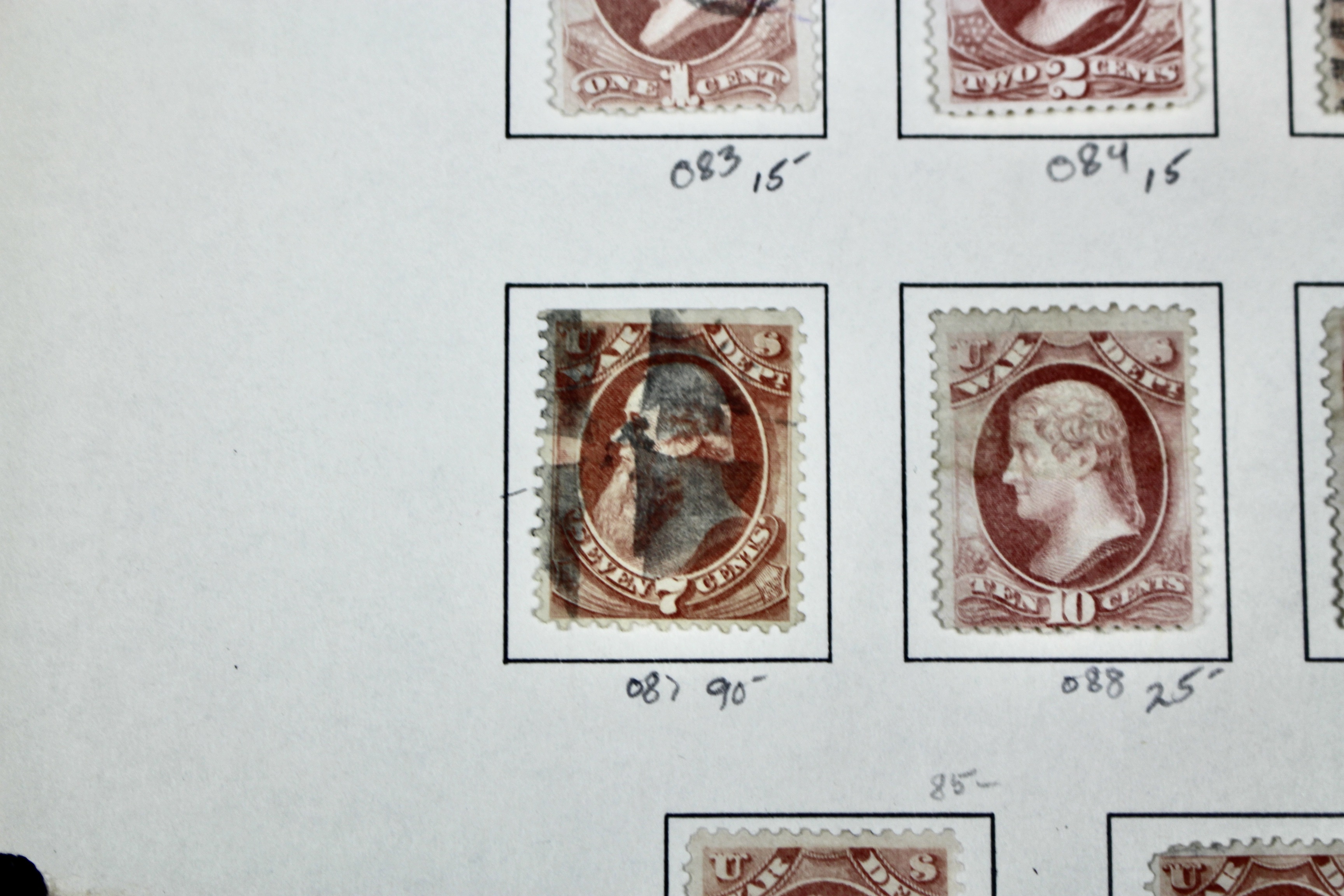 Eighteen U.S. Official War Department Postage Stamps,  1870s