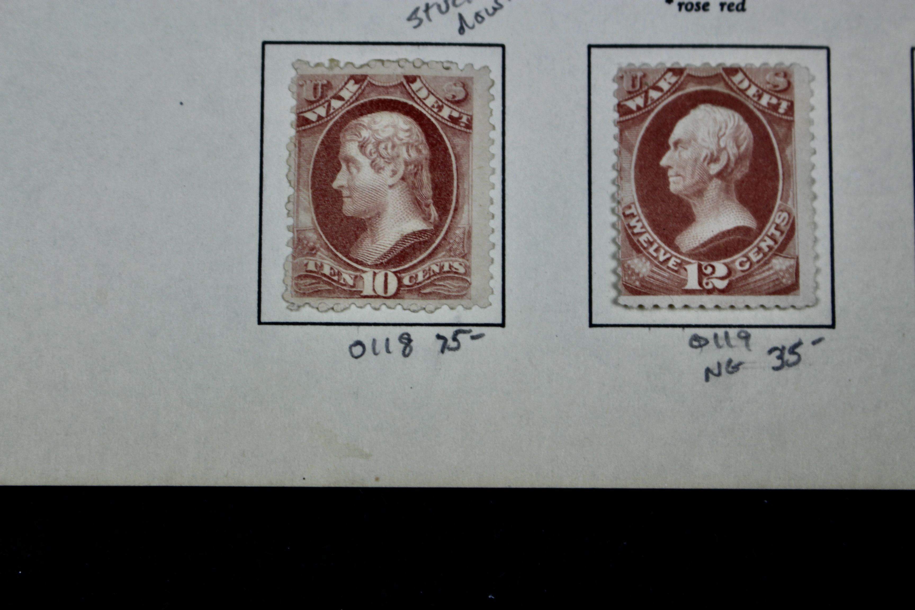 Eighteen U.S. Official War Department Postage Stamps,  1870s