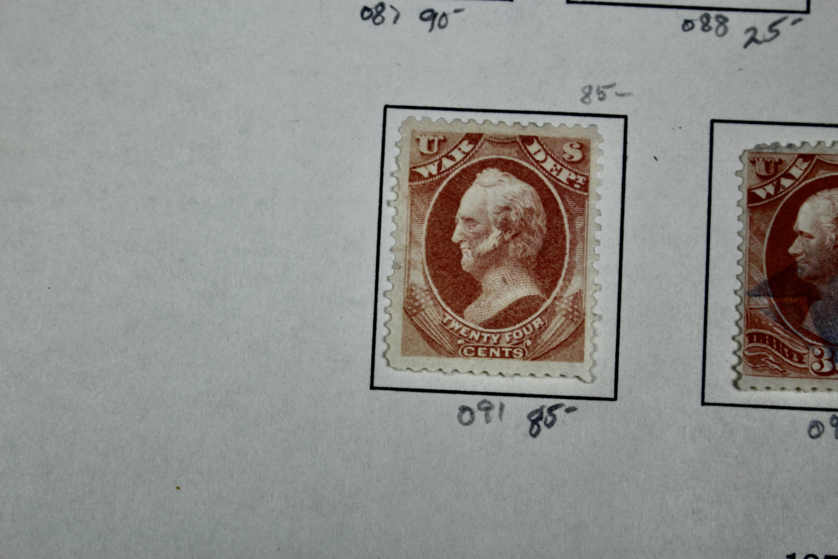 Eighteen U.S. Official War Department Postage Stamps,  1870s