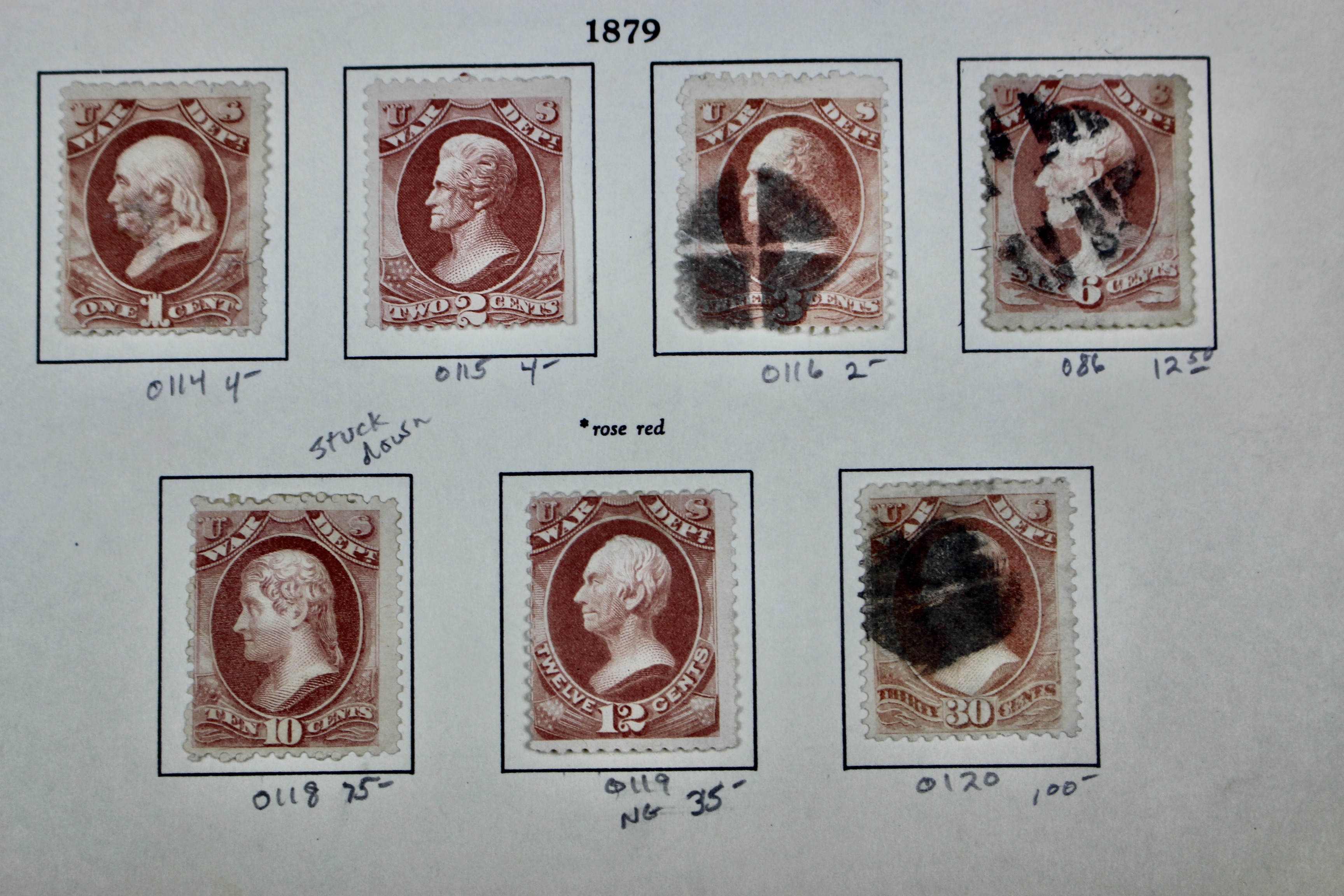 Eighteen U.S. Official War Department Postage Stamps,  1870s