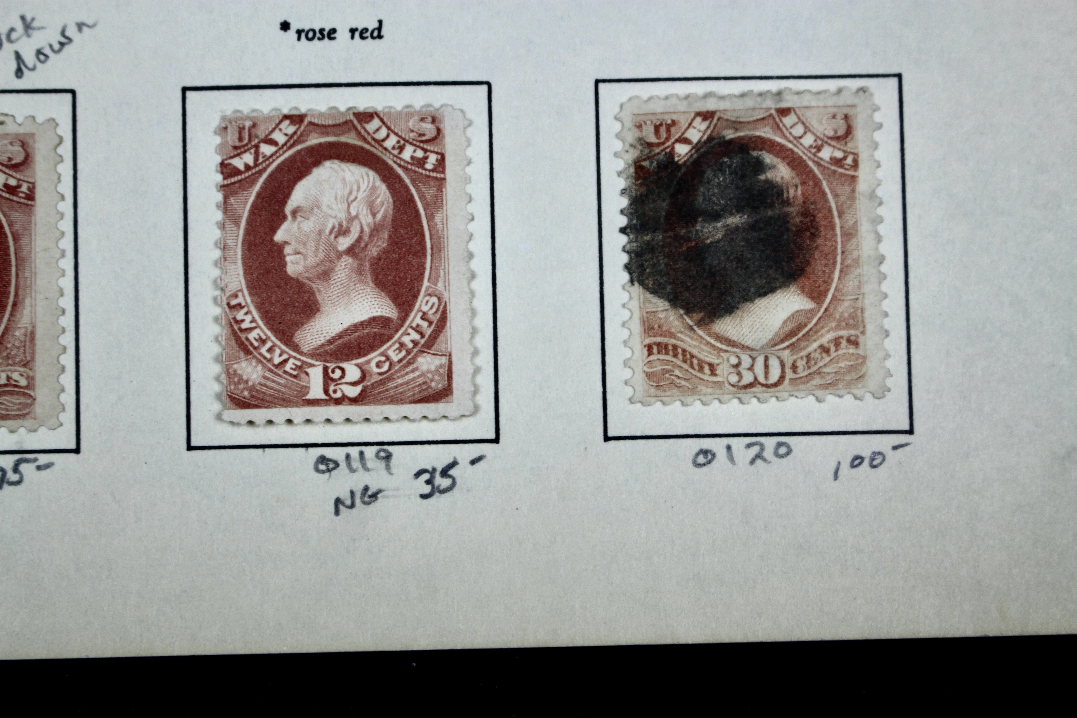 Eighteen U.S. Official War Department Postage Stamps,  1870s