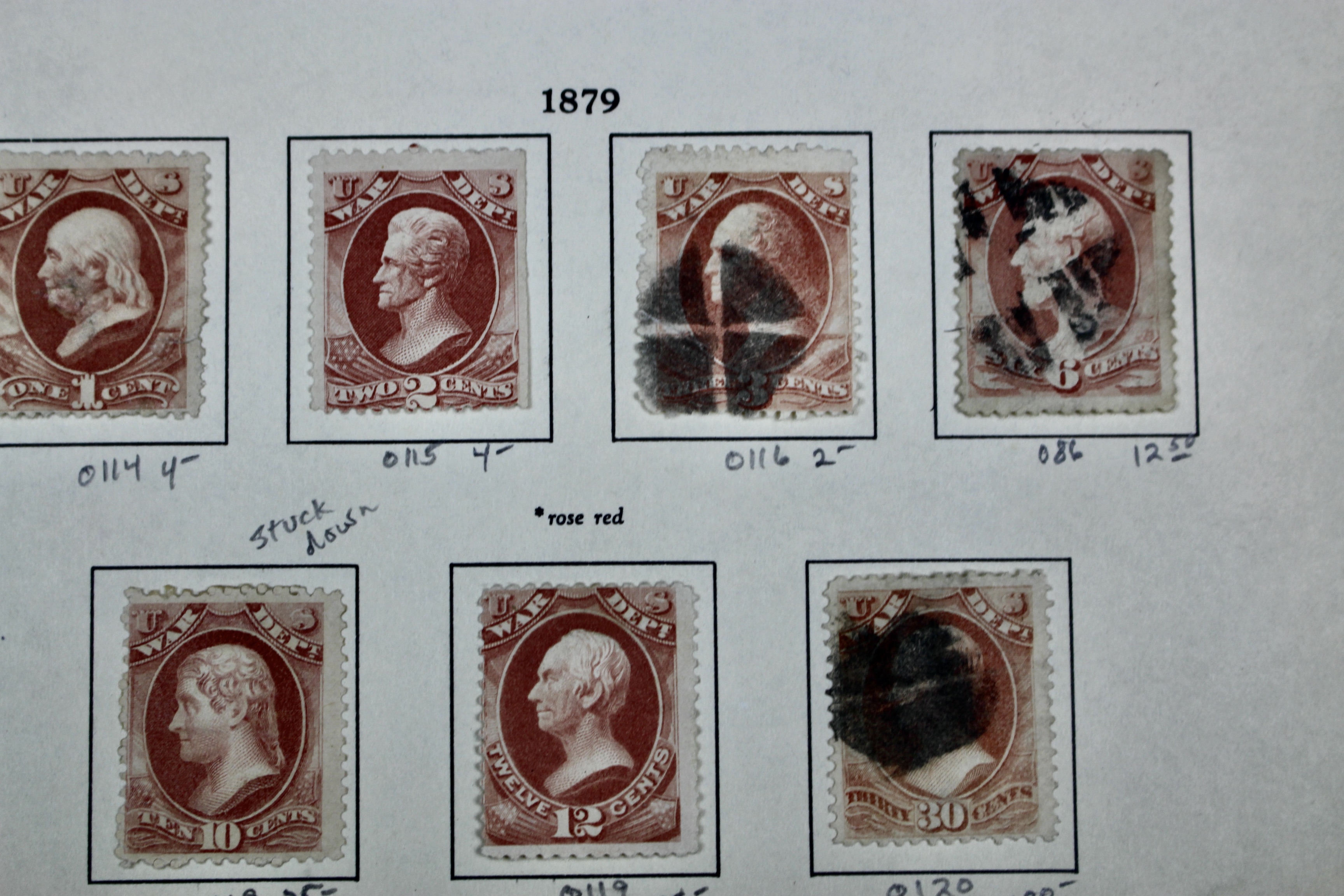 Eighteen U.S. Official War Department Postage Stamps,  1870s
