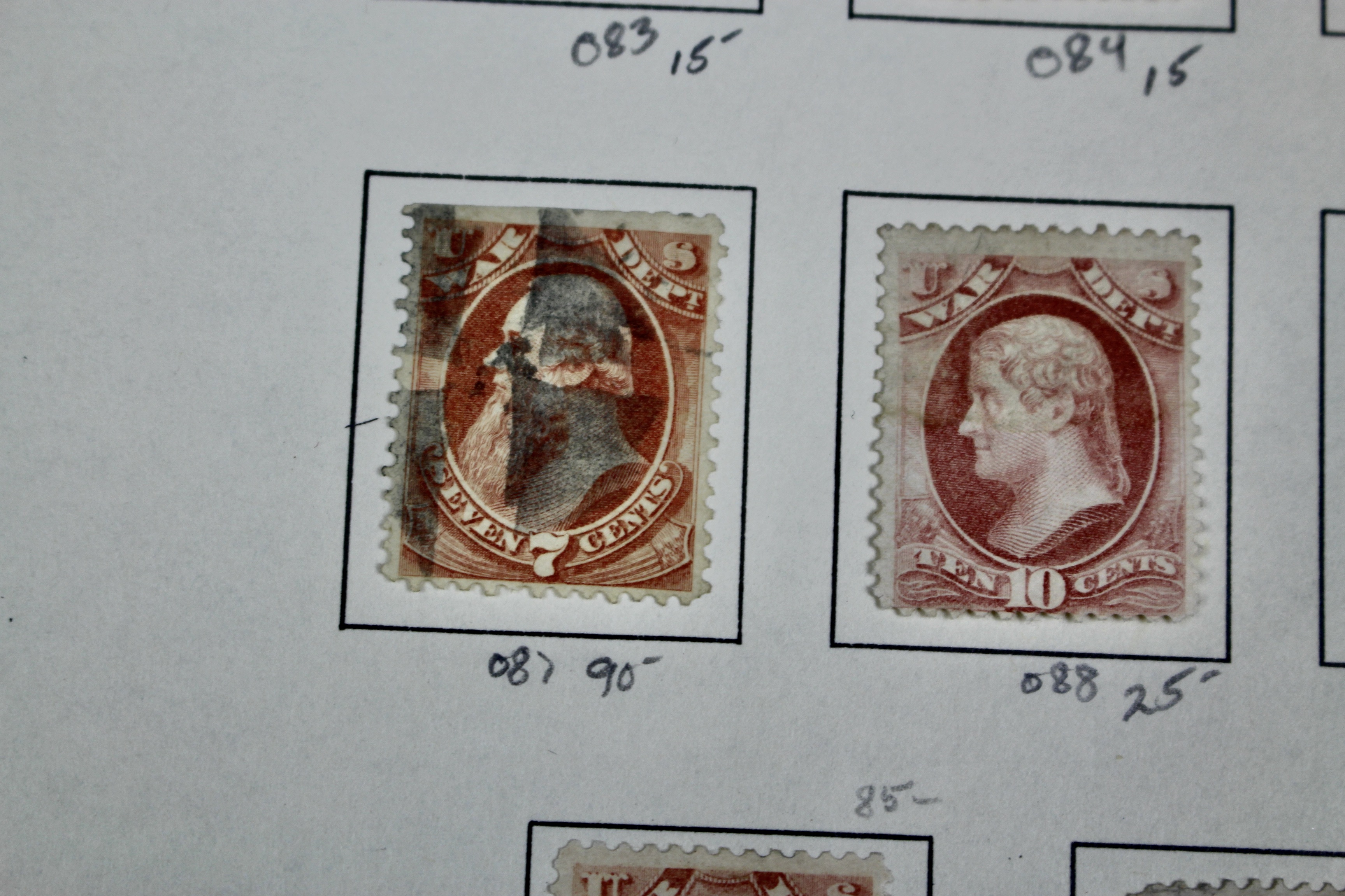 Eighteen U.S. Official War Department Postage Stamps,  1870s
