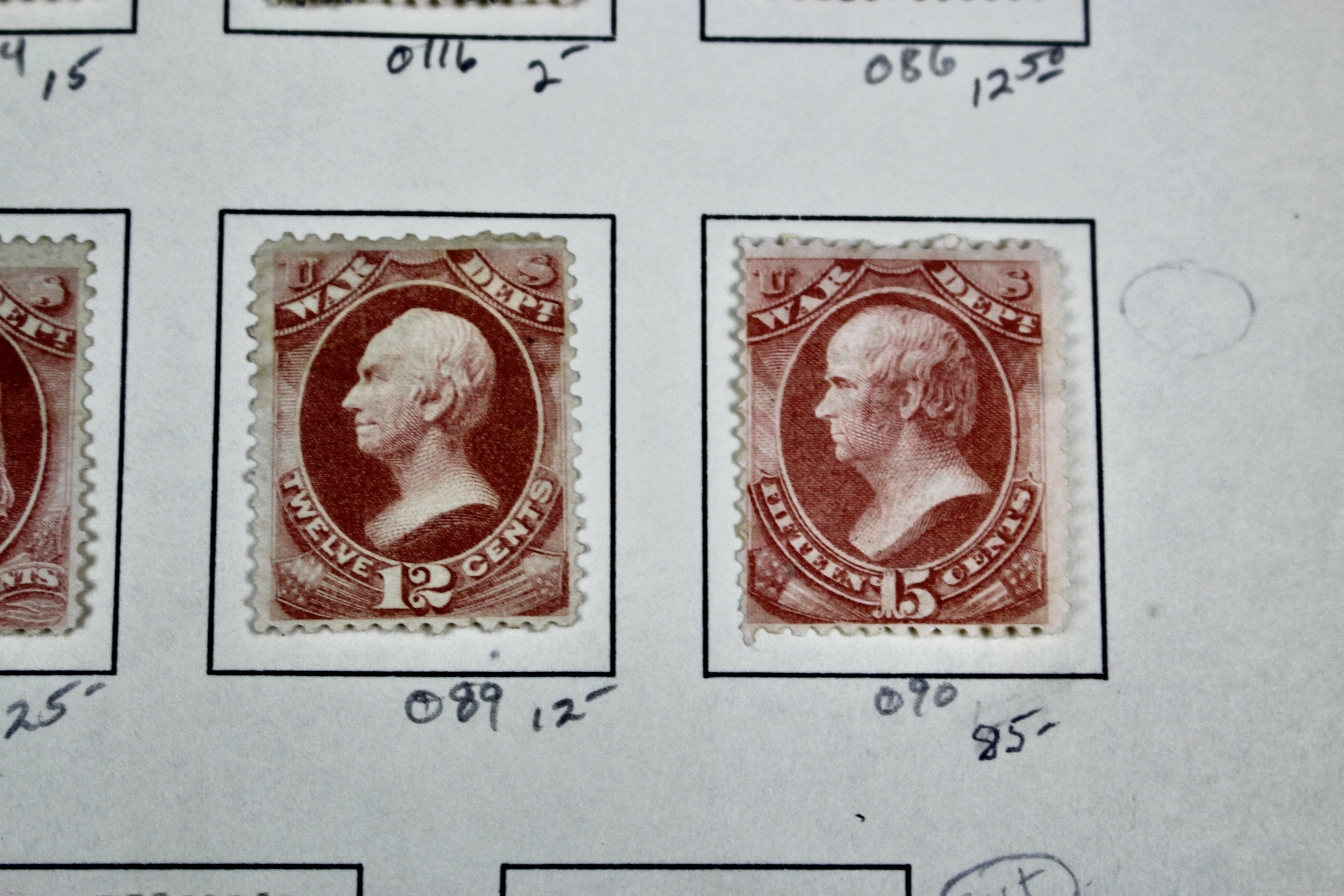 Eighteen U.S. Official War Department Postage Stamps,  1870s