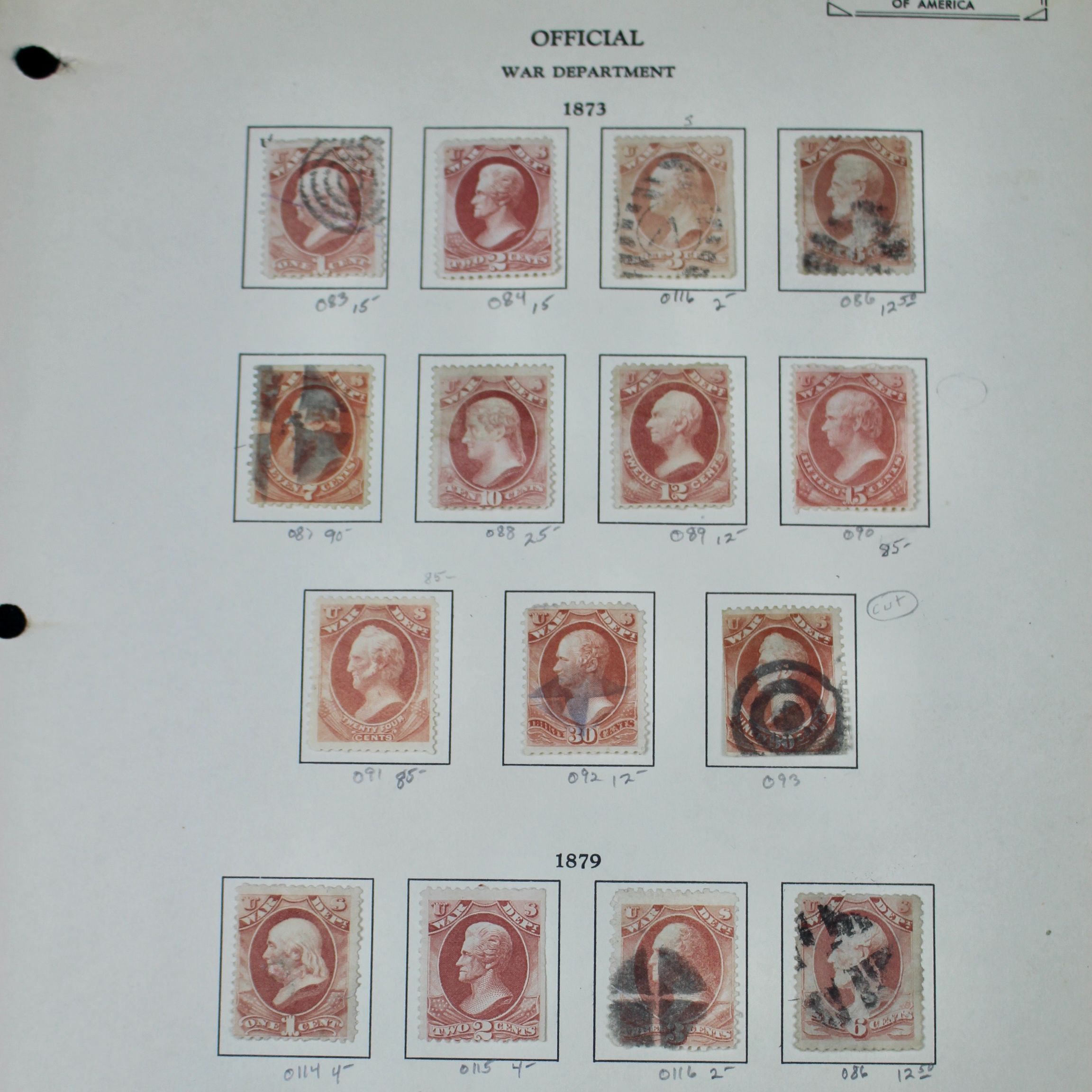 Eighteen U.S. Official War Department Postage Stamps,  1870s
