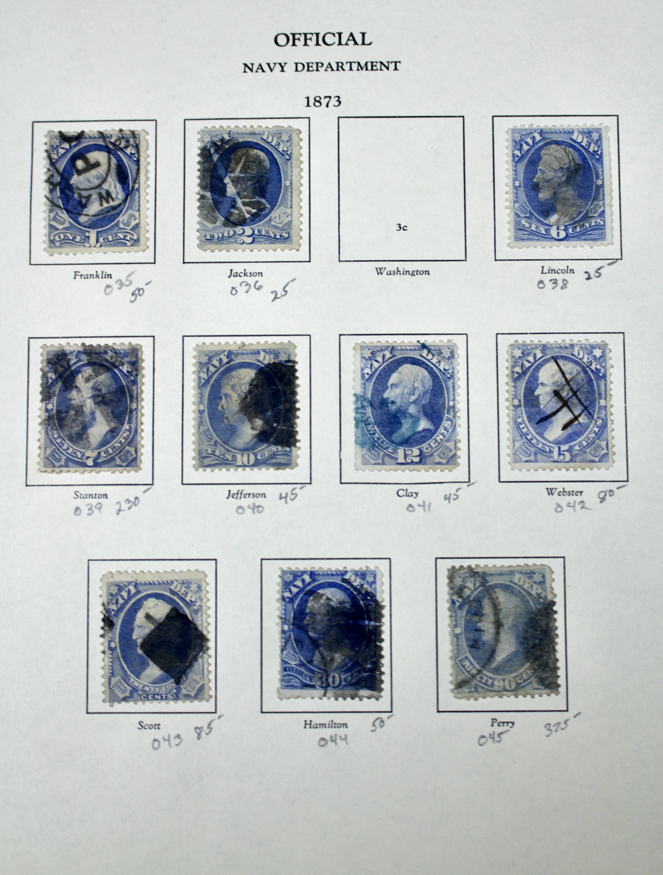 Ten Different U.S. Official Navy Department Postage Stamps, 1873
