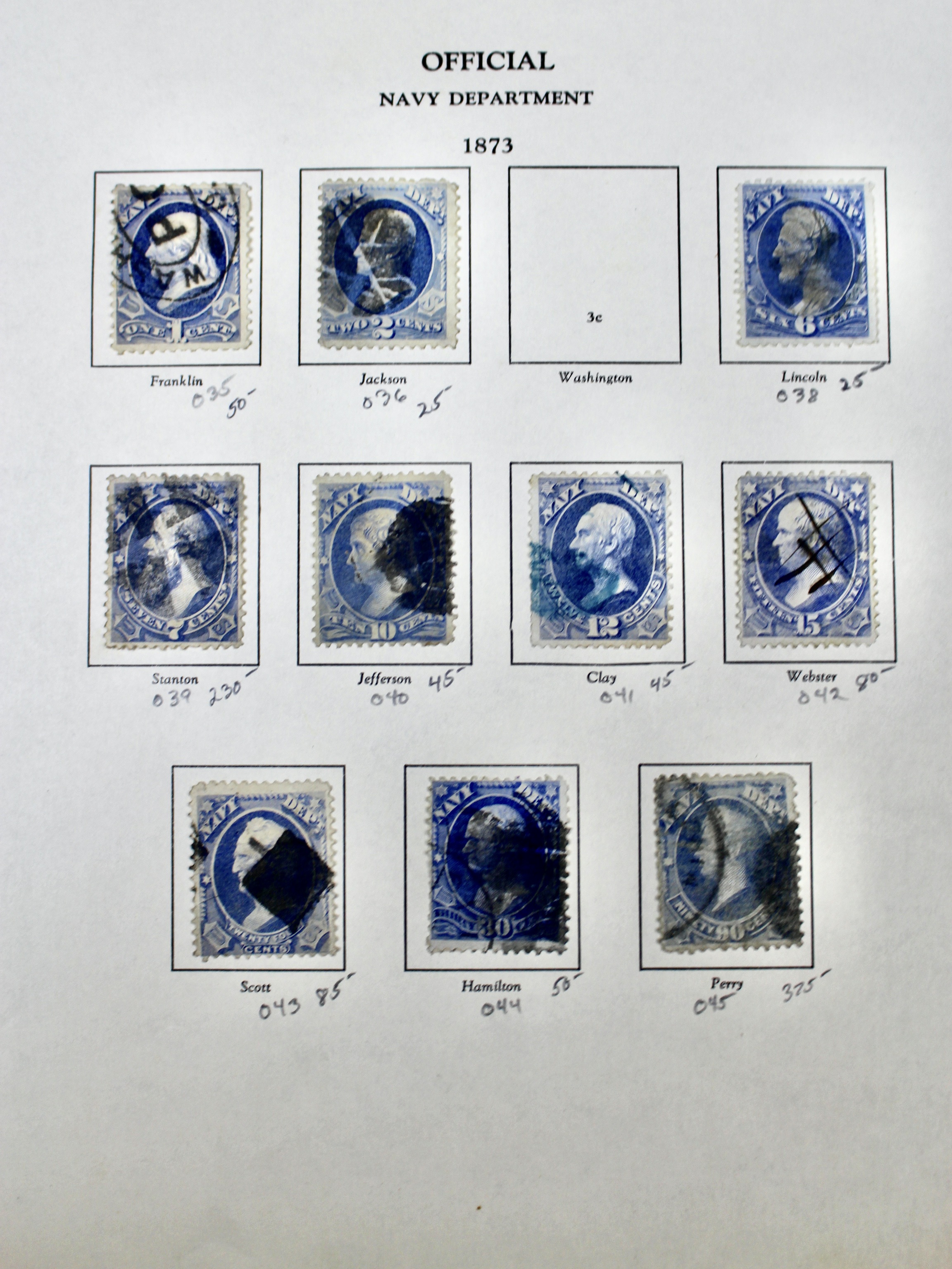 Ten Different U.S. Official Navy Department Postage Stamps, 1873