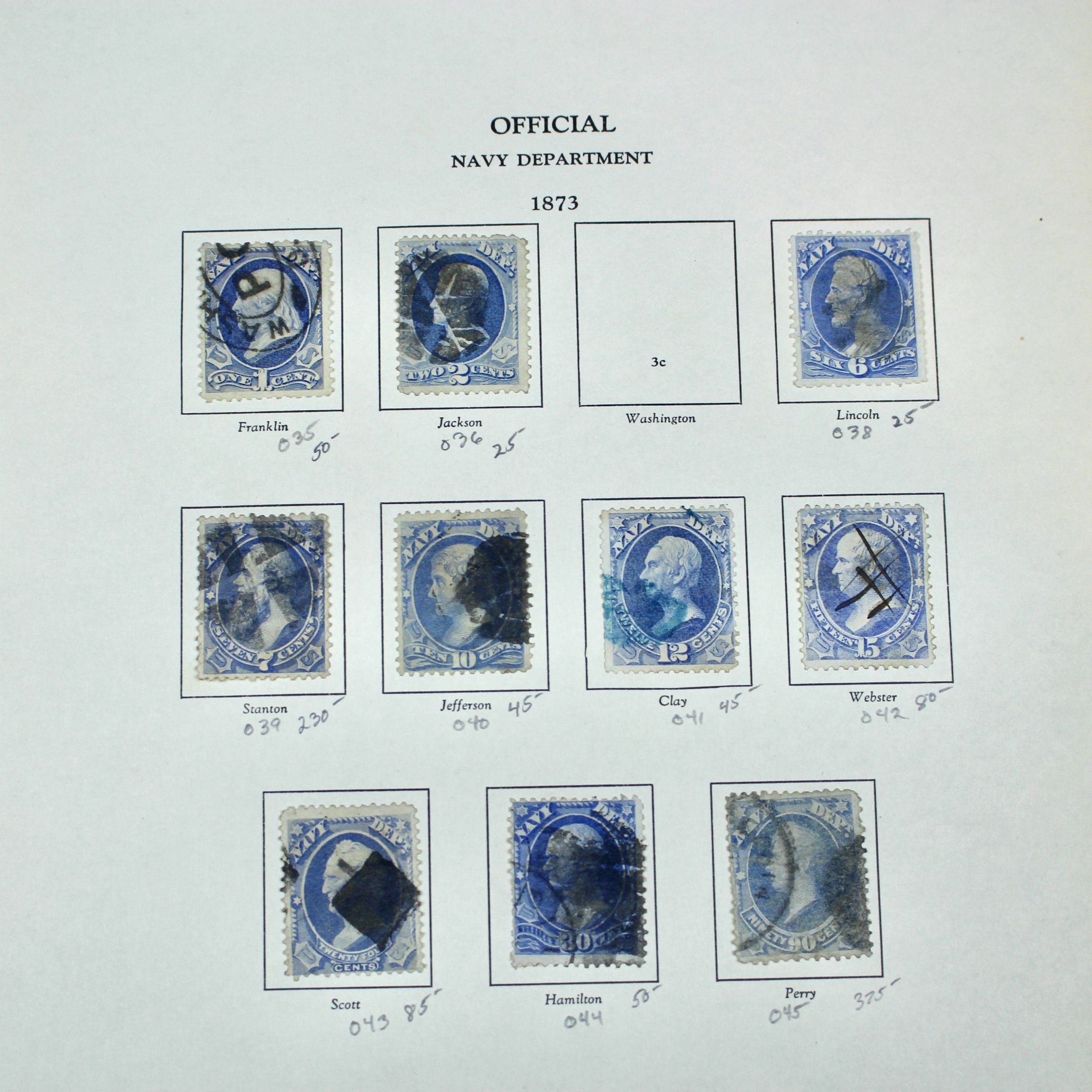Ten Different U.S. Official Navy Department Postage Stamps, 1873