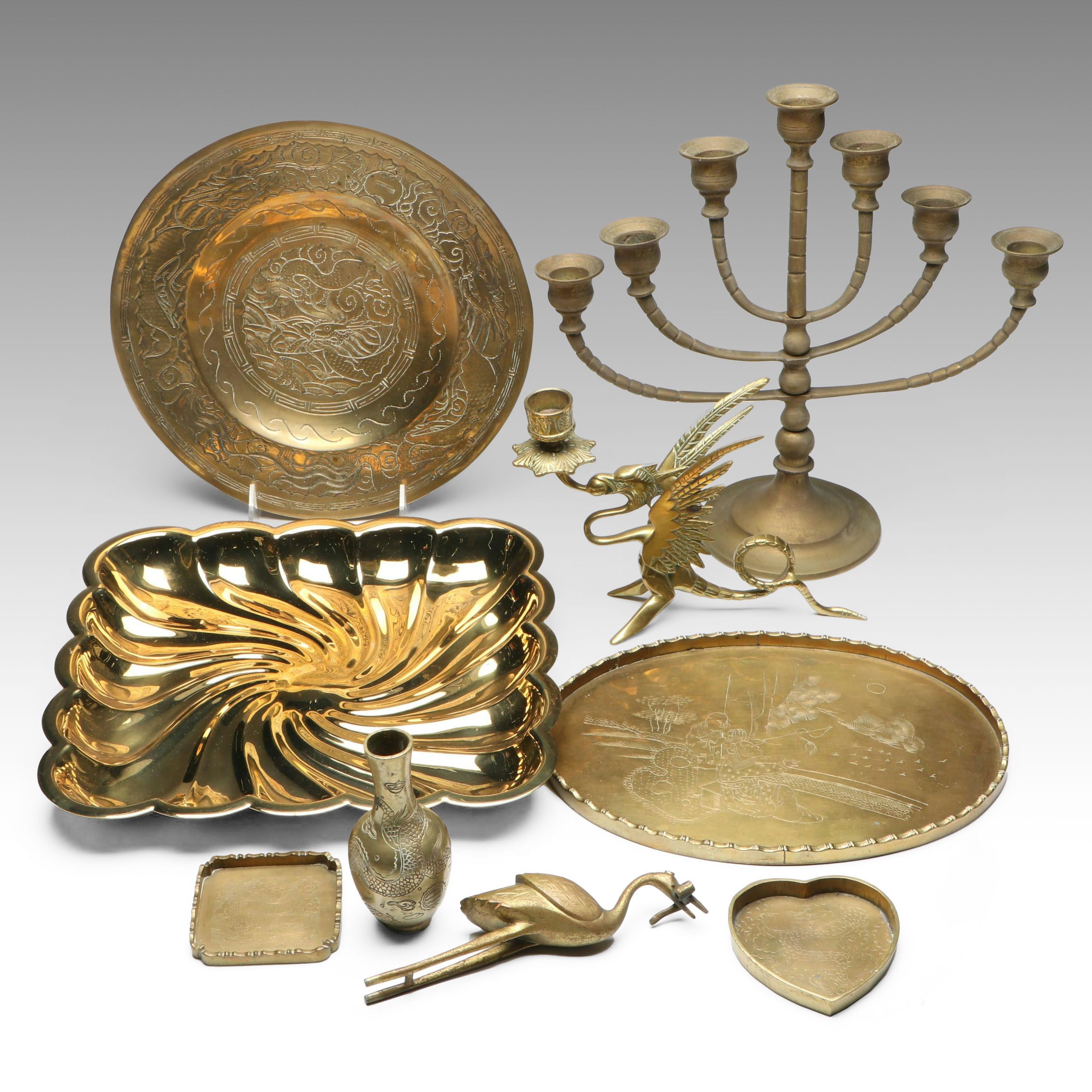 Chinese Style Chased Brass Tableware and Candelabrum with Other Tray