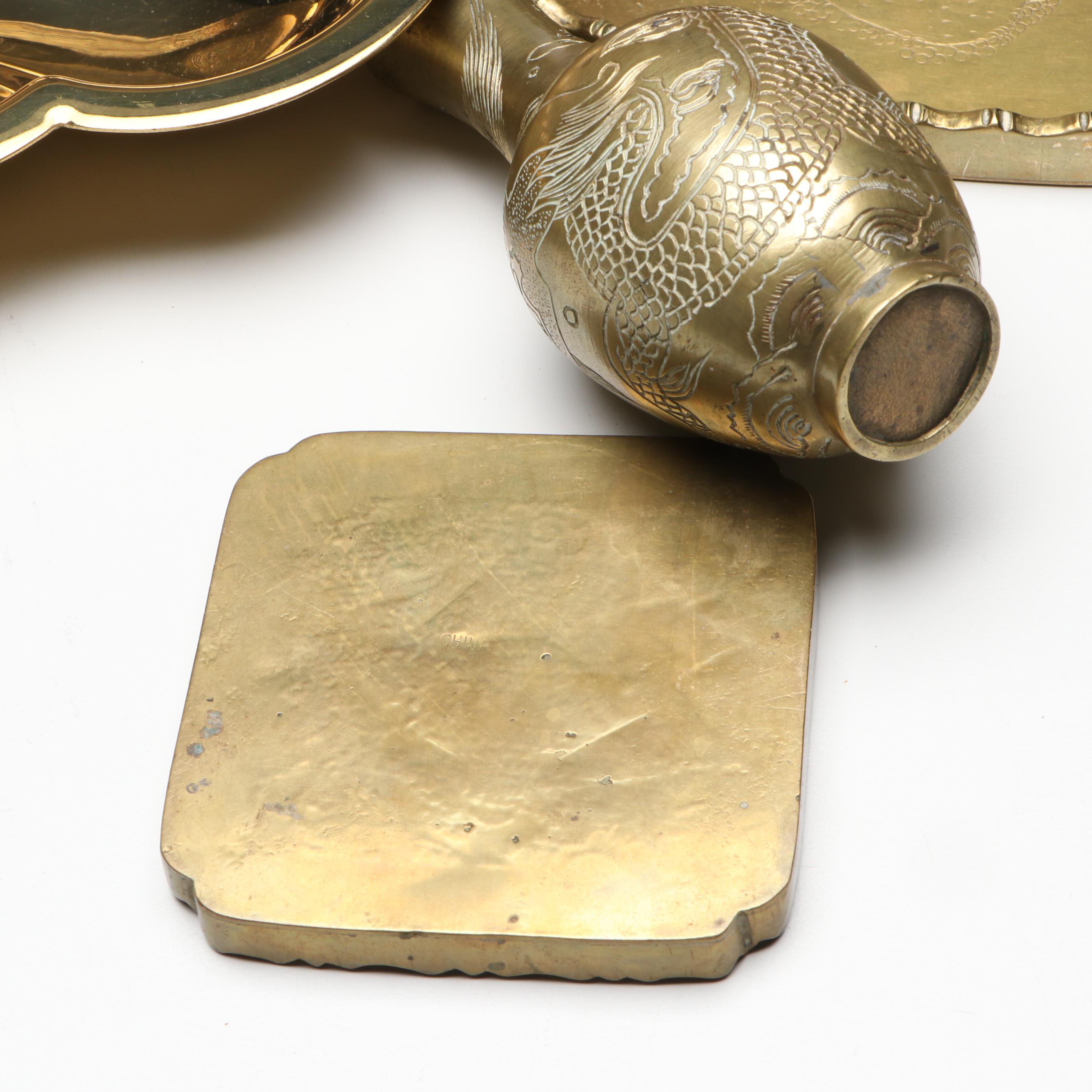 Chinese Style Chased Brass Tableware and Candelabrum with Other Tray