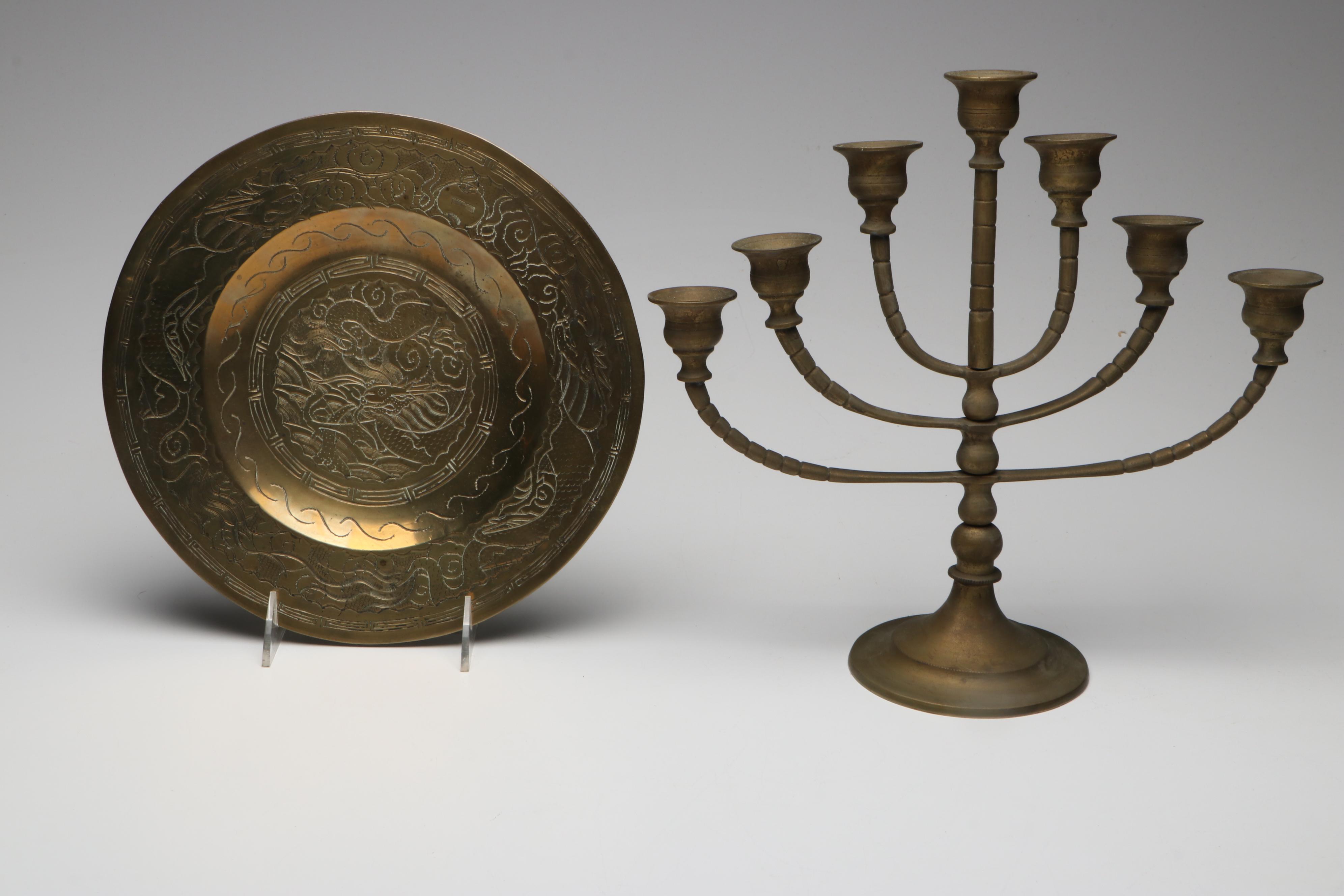 Chinese Style Chased Brass Tableware and Candelabrum with Other Tray